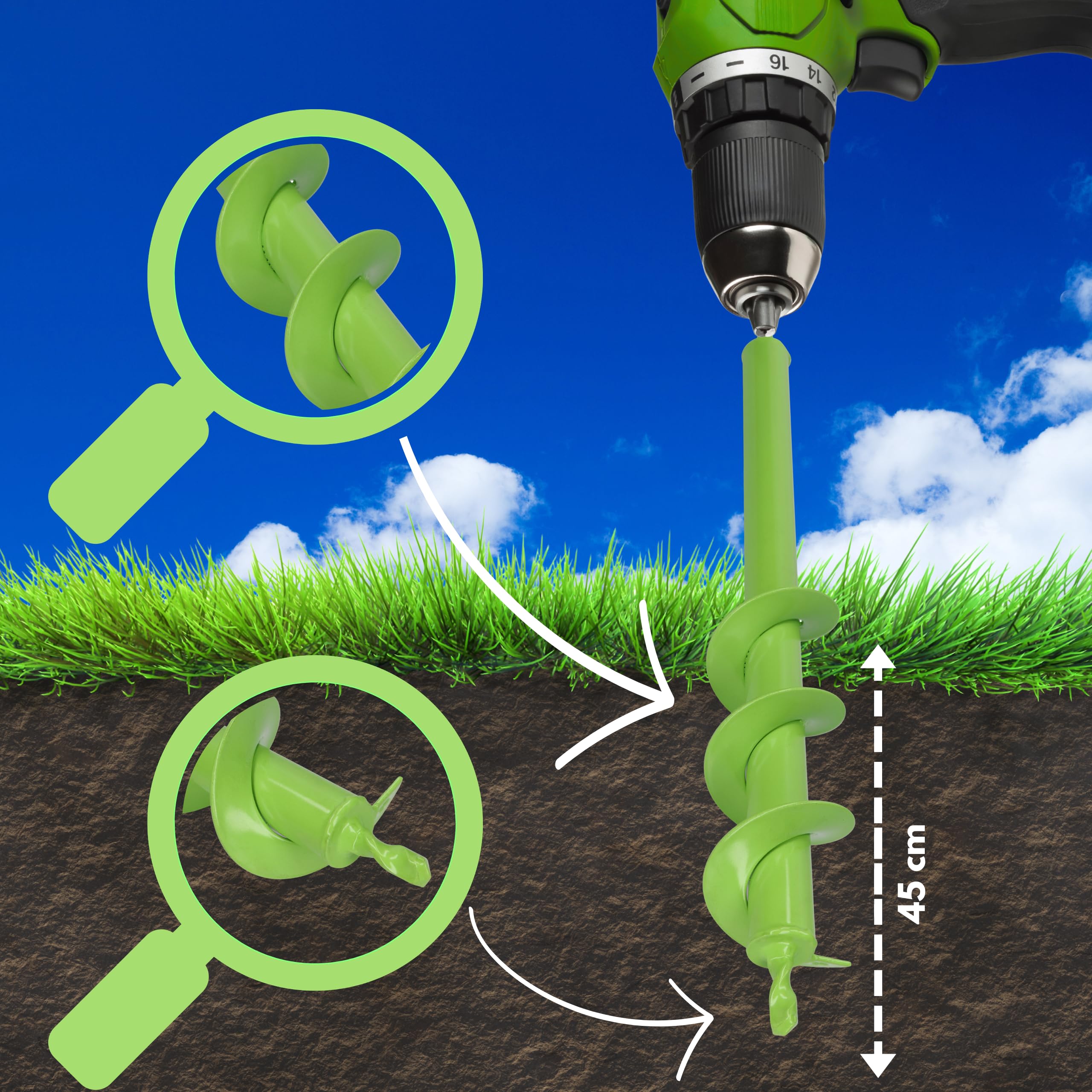WERHE Punta da terra 60 mm Ø, lunga 450 mm per trapano e avvitatore a batteria – trivella da giardino per piantare senza sforzo fiori, arbusti e scavare fori per pali di recinzione