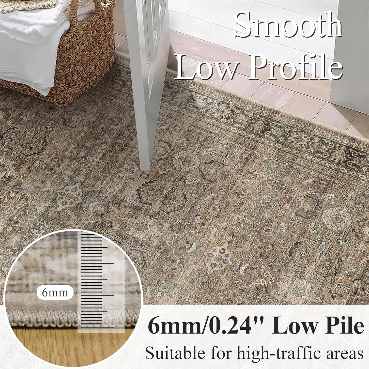 Schweek 8x10 Washable Area Rug Brown Neutral Vintage Distressed Rugs Large Non-Slip Living Room Area Rugs, Soft Low Pile Carpet Indoor Mat Throw Rug for Bedroom Dining Room Office Nursery