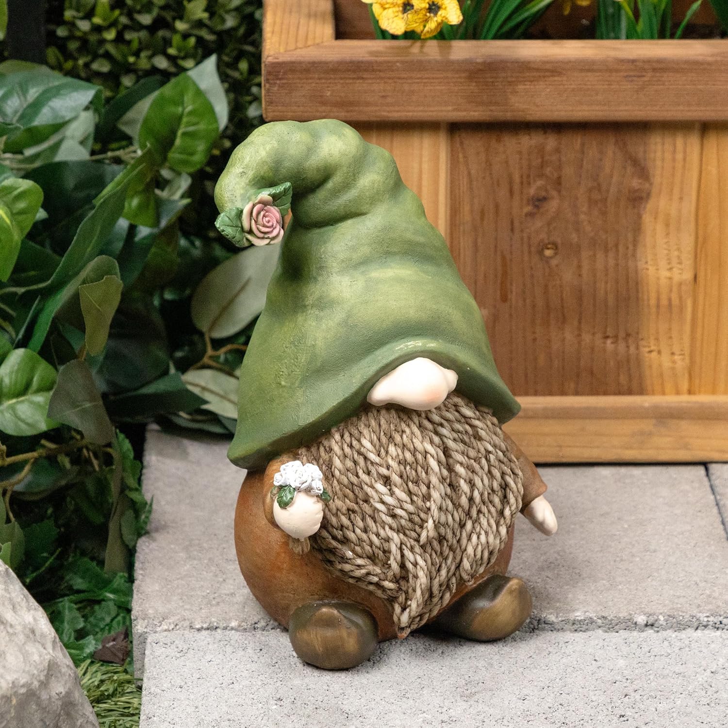 Alpine Corporation 10" Tall Outdoor Green Hat Gnome Statue, Offering Flower Sculpture Gift for Family, Weatherproof Garden Decor 10" Tall - Multicolor