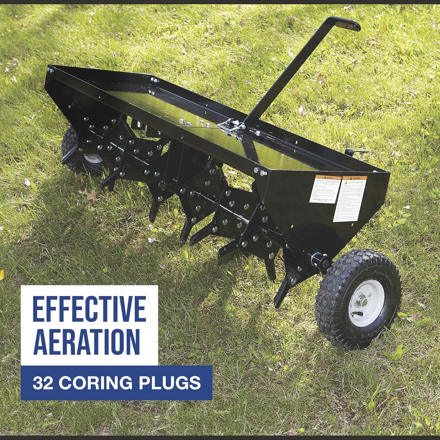The aerator in operation on a lawn, showing the 32 coring plugs effectively penetrating the soil.