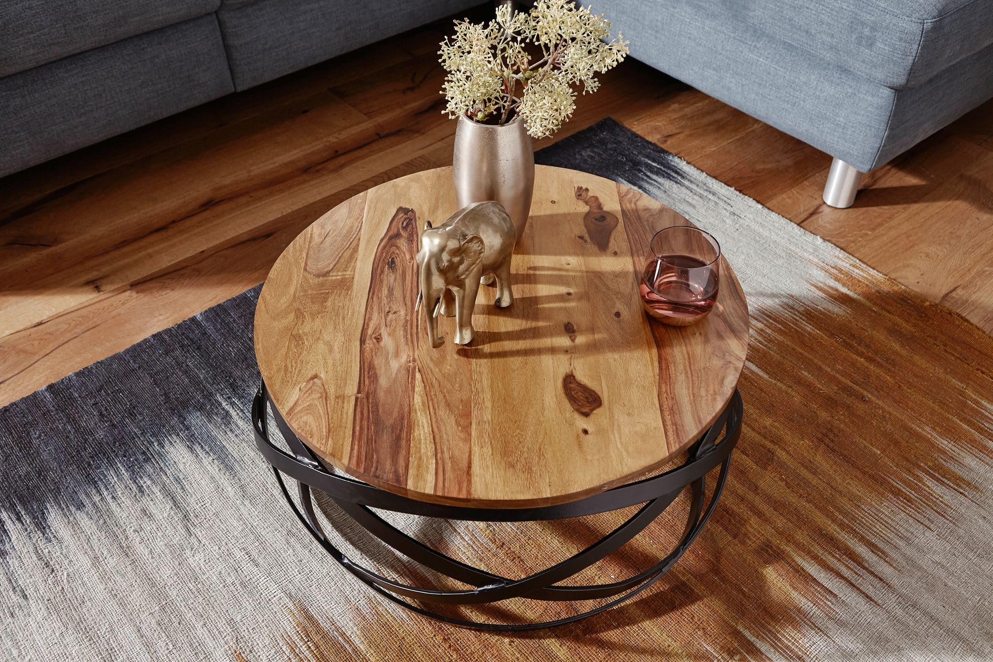 FineBuy Couchtisch MANUR rund aus Sheesham Massivholz Ø 60 cm – Wohnzimmertisch im Industrial Design mit schwarzem Metallgestell – Handgefertigter Holztisch Natur Braun