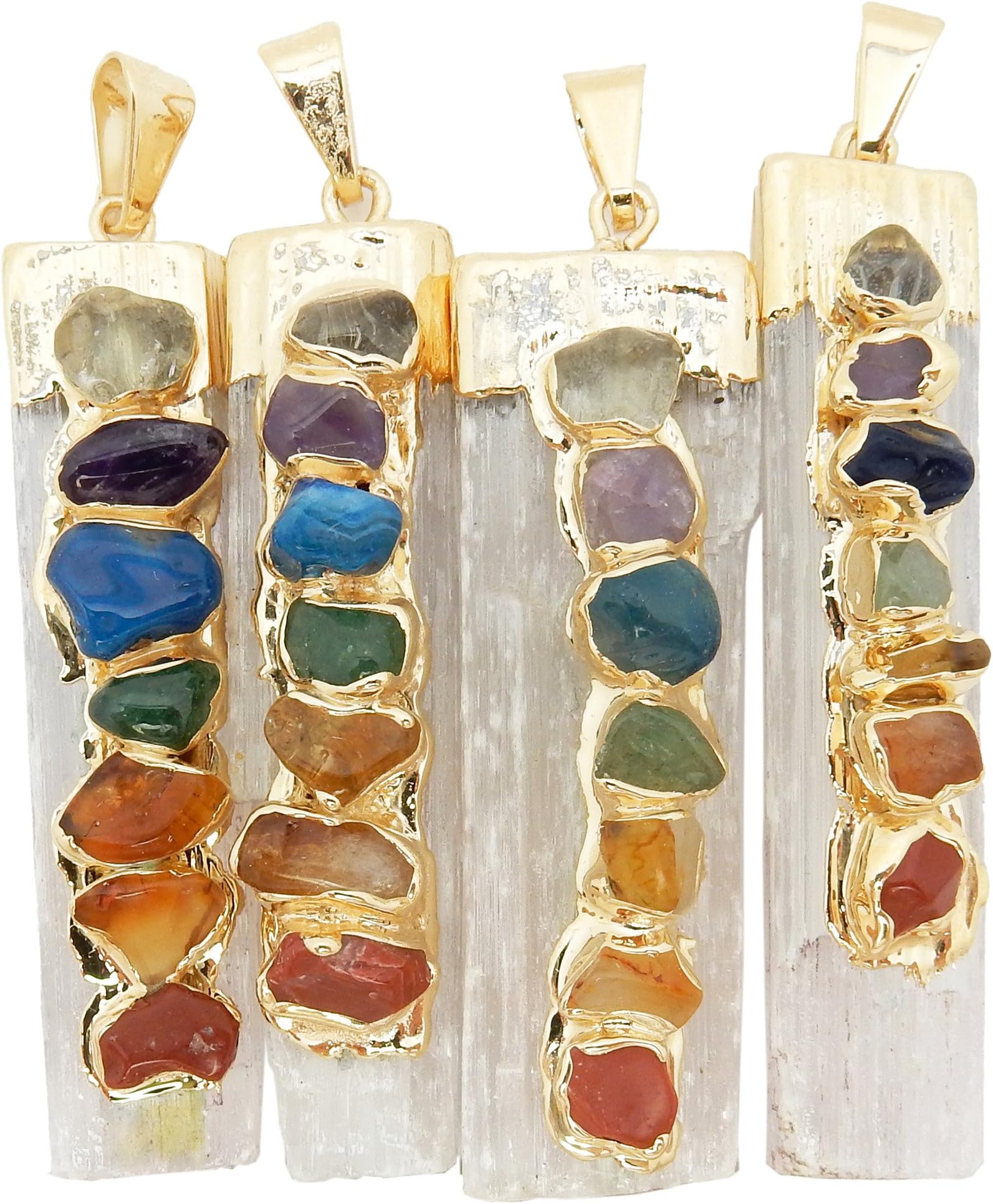 ONE Selenite Freeform Pendant w/ 7 Chakra Stone Accents Gold Plated Cap/Bail RP Exclusive COA