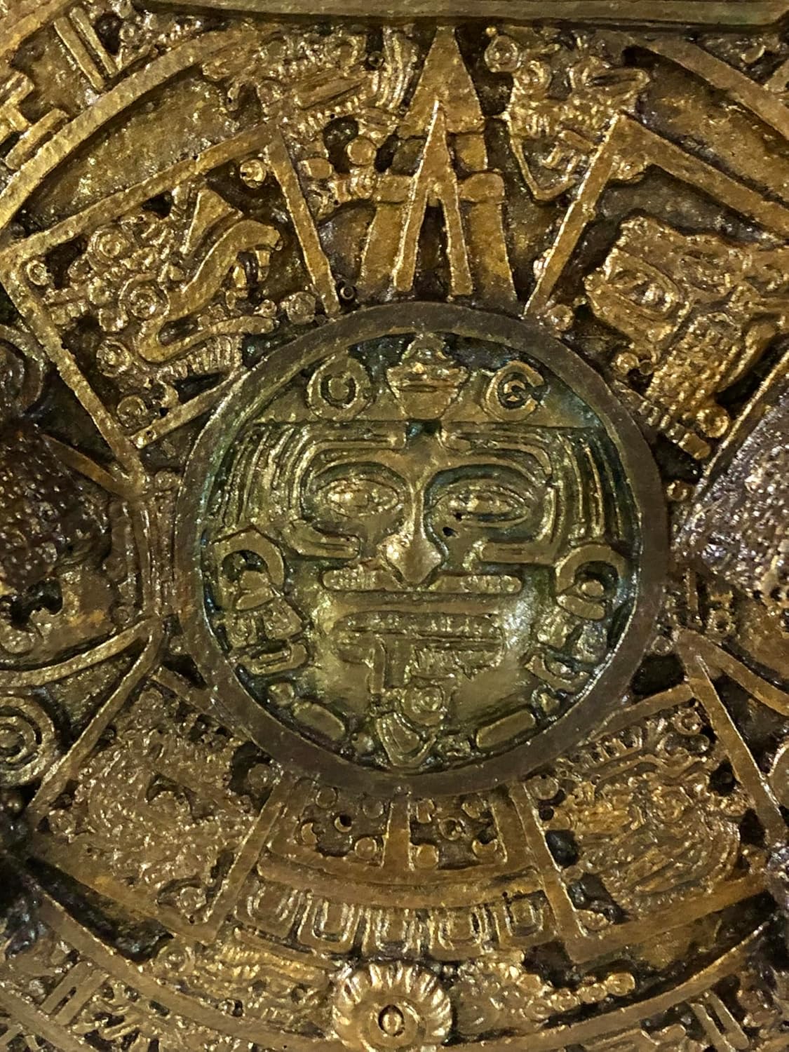 Aztec Wall Plaque, Teotihuacan Calendar Design with Pyramids, Sun and Moon, Antique Gold Finish, Decorative Wall Art