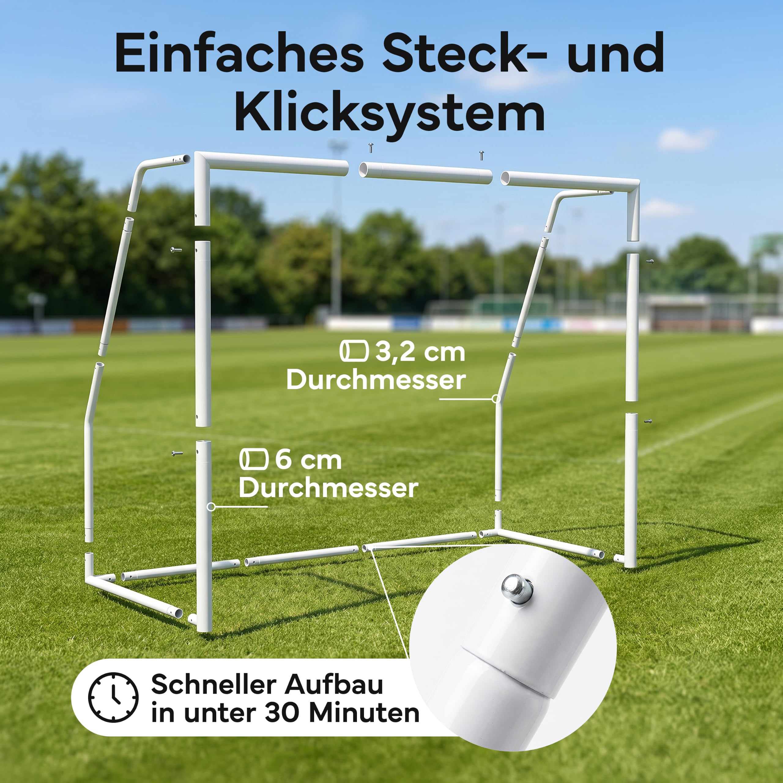 NEOLYMP Fußballtor für Garten – Robustes Stadion-Tor aus Metall, korrosionsgeschützt – Wetterfestes Fußballtor Kinder Outdoor inkl. Heringe – Klicksystem & Polyester-Netz – Einfacher Aufbau