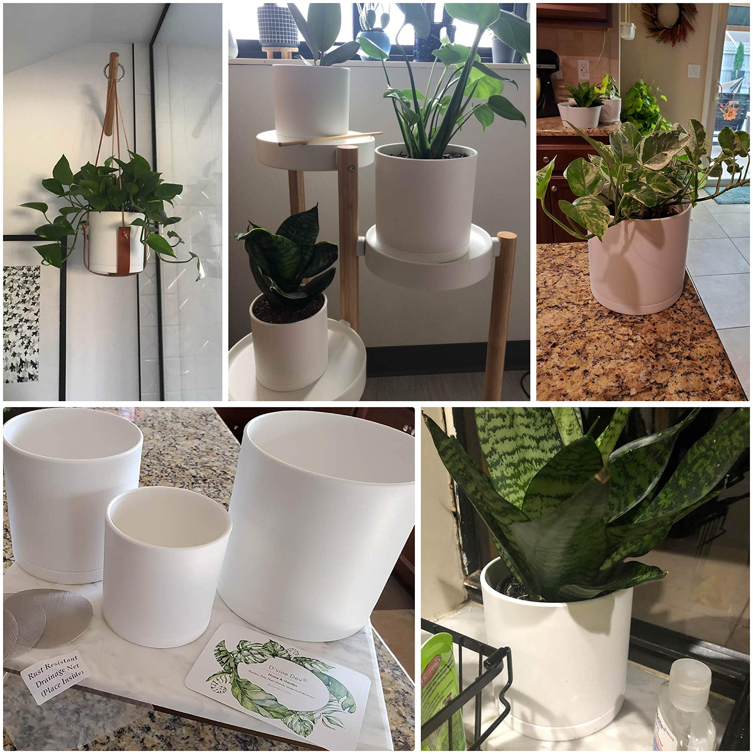 Set of 3 Minimalist Small 4" 5" 6" Cylinder Plastic Planter Pots with Drainage Hole and Seamless Saucers, White Color - Image 4