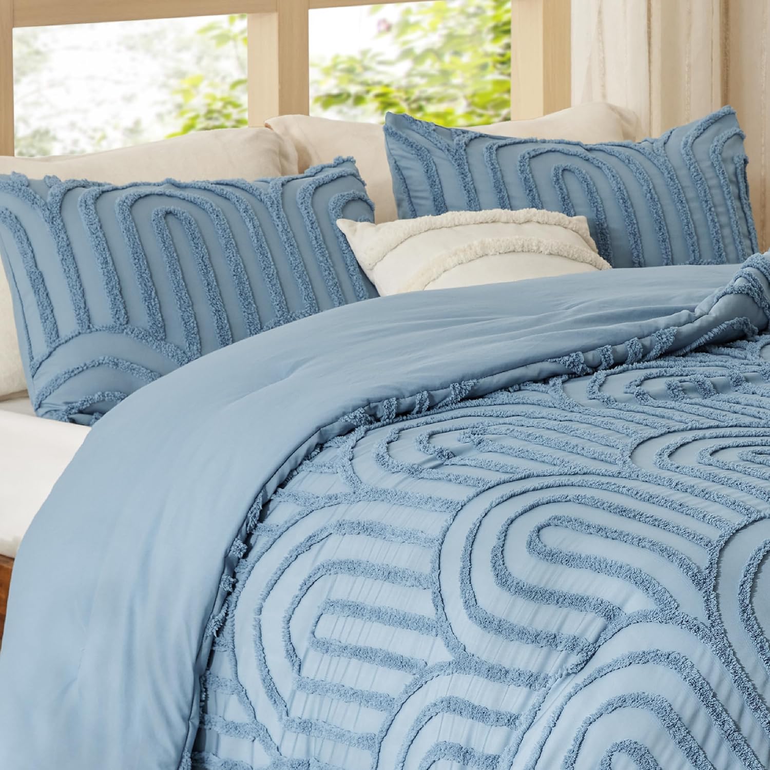 Bedsure Boho Tufted Blue Comforter Set Queen Size, GentleSoft™ 3 Pieces Boho Farmhouse Decor Bedding, Arch Shabby Chic Bedding for All Seasons, 1 Bed Comforter, 2 Pillow Shams, 90x90 Inches - Image 6