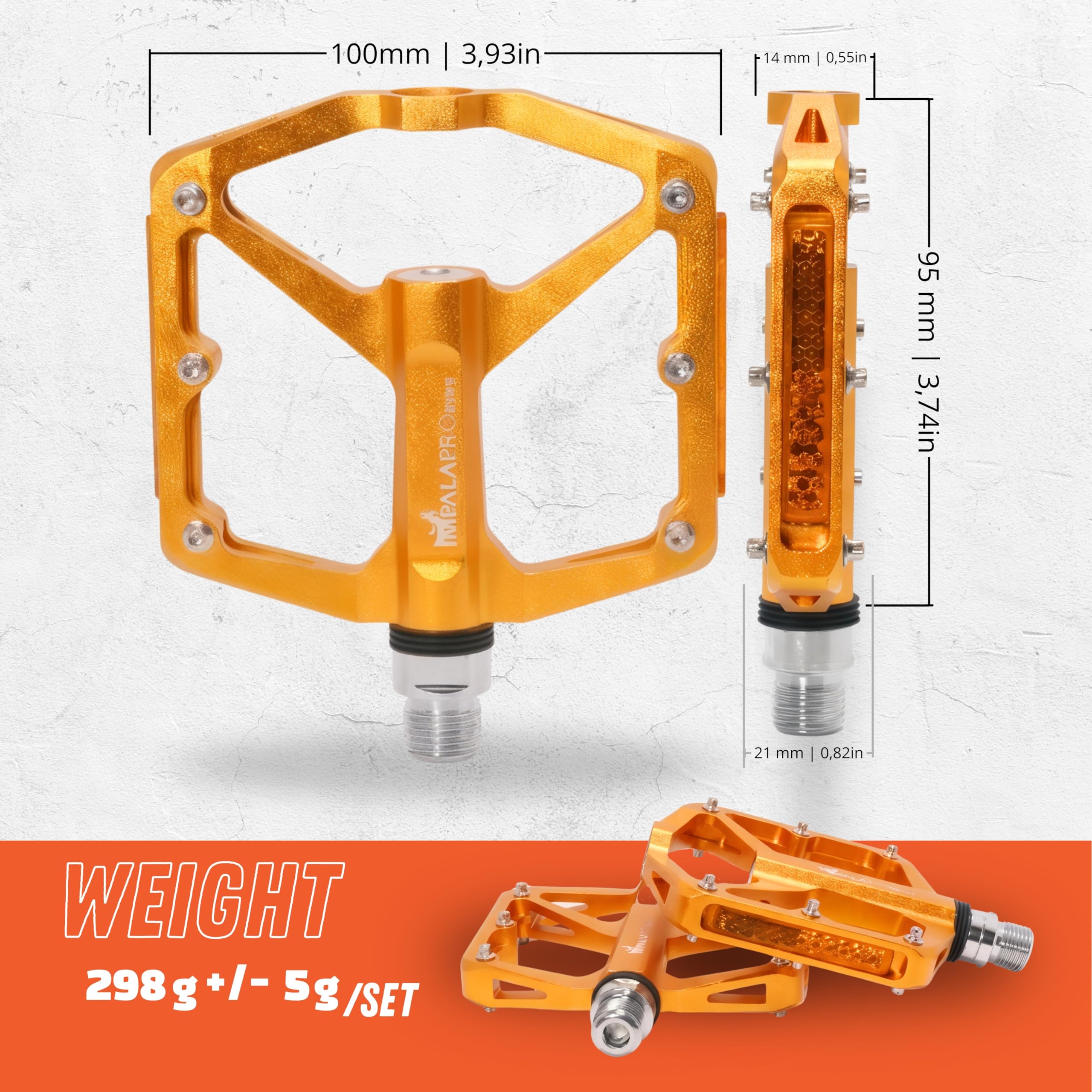 IMPALAPRO Pédales Plates Vélo en Aluminium CNC avec Réflecteurs Ultralégères 298 g – Pedale VTT Plateforme Moyenne 100×95 mm avec 12 Pins INOX Antidérapants