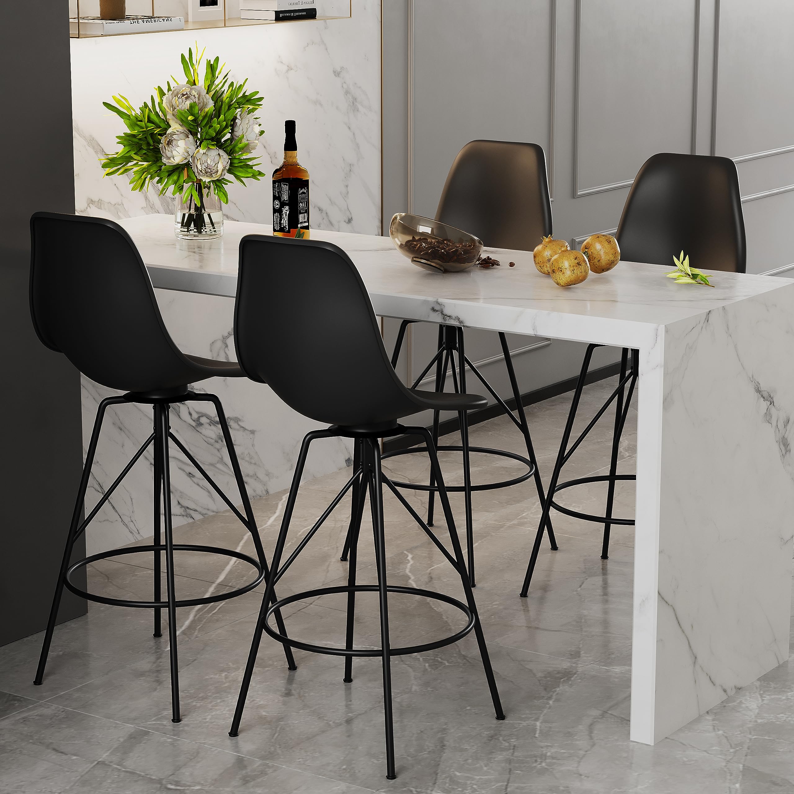 Alunaune 30inch Modern Swivel Black Barstools Set of 4, Mid Century Counter Bar Height Stools with Back Armless Bar Chairs Side Chair