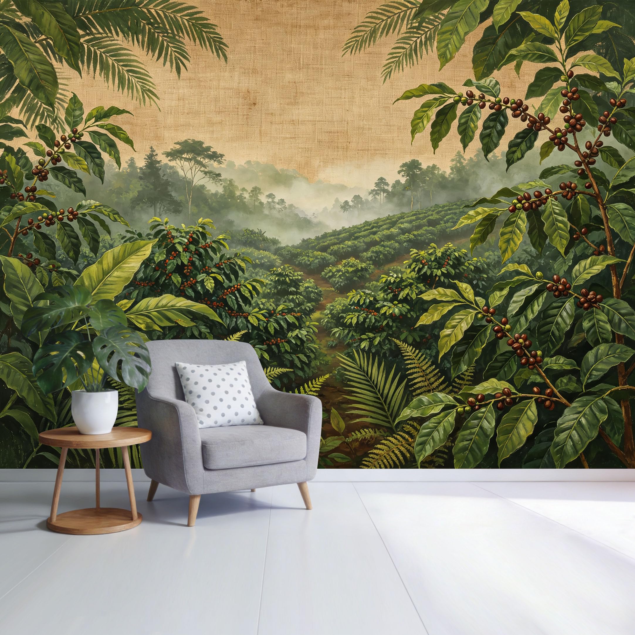Custom Size Wall Mural Tropical Coffee Plantation Landscape Misty Jungle Greenery Botanical Art SelfAdhesive Wall Fabric Removable Wallpaper for Home Office Decor
