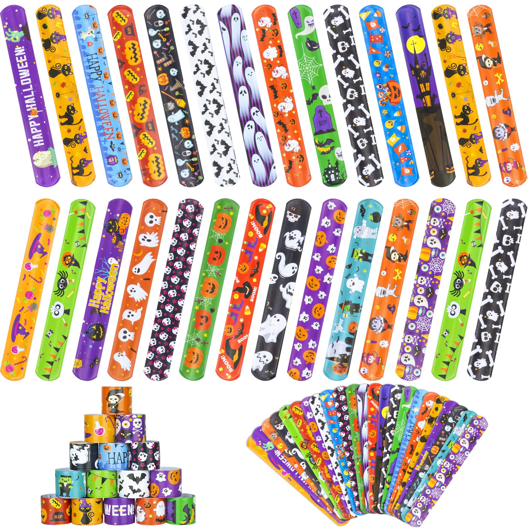 RICEDUO Halloween Slap Bracelet for Kids - 48 Pieces, 24 Colorful Styles, Bulk Halloween Slap Wristbands for Kids Party Favors, Toys Prizes & Goodie Bags Stuffers