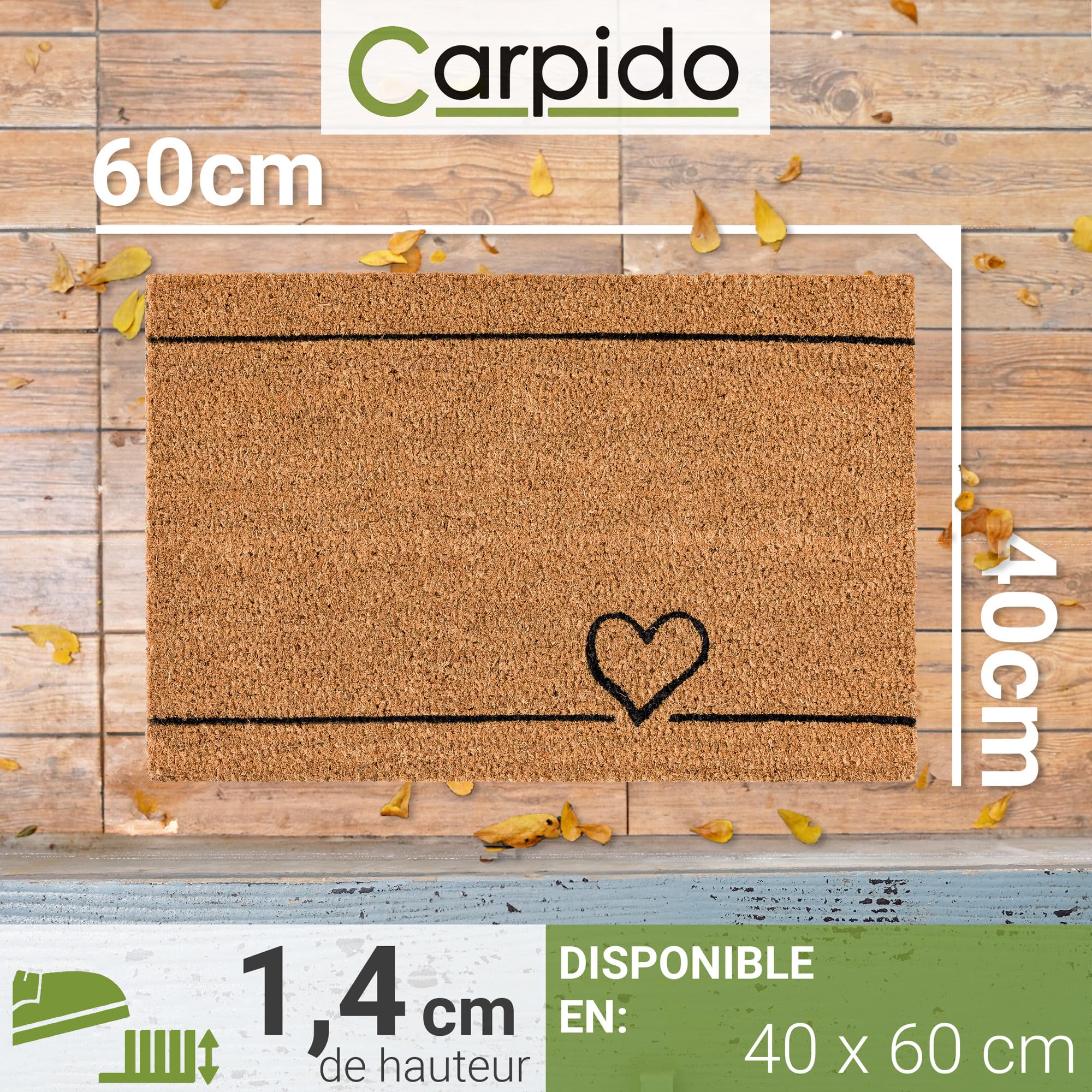 Carpido Paillasson Coco Coeur Lignes Design - Chemin de propreté 40x60 cm Lot de 2 - paillasson intérieur - Tapis Coco antibactérien - matériau Naturel