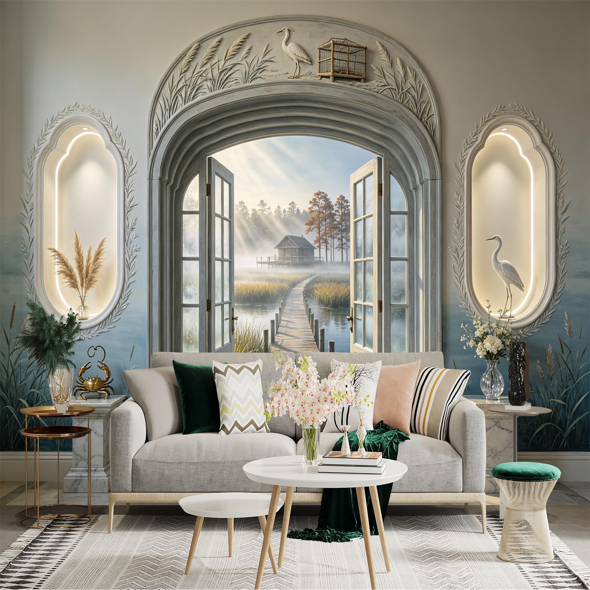 Custom Size Wall Sticker Mural， Coastal Boardwalk Lake View with Open Door and Heron， for wall Decoration， peelandstick wall Decals.