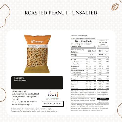 Image of SHREGO Roasted Unsalted Peanuts, Vacuum Packed 1Kg [HoReCa Value Pack | Grade A Peanuts | Roasted NOT Fried | Rich in Protein & Fibre | Groundnut | Healthy Snack | Singdana | Skin Removed | Fresh | No Artificial Flavour ] (UNSALTED, 1 KG)