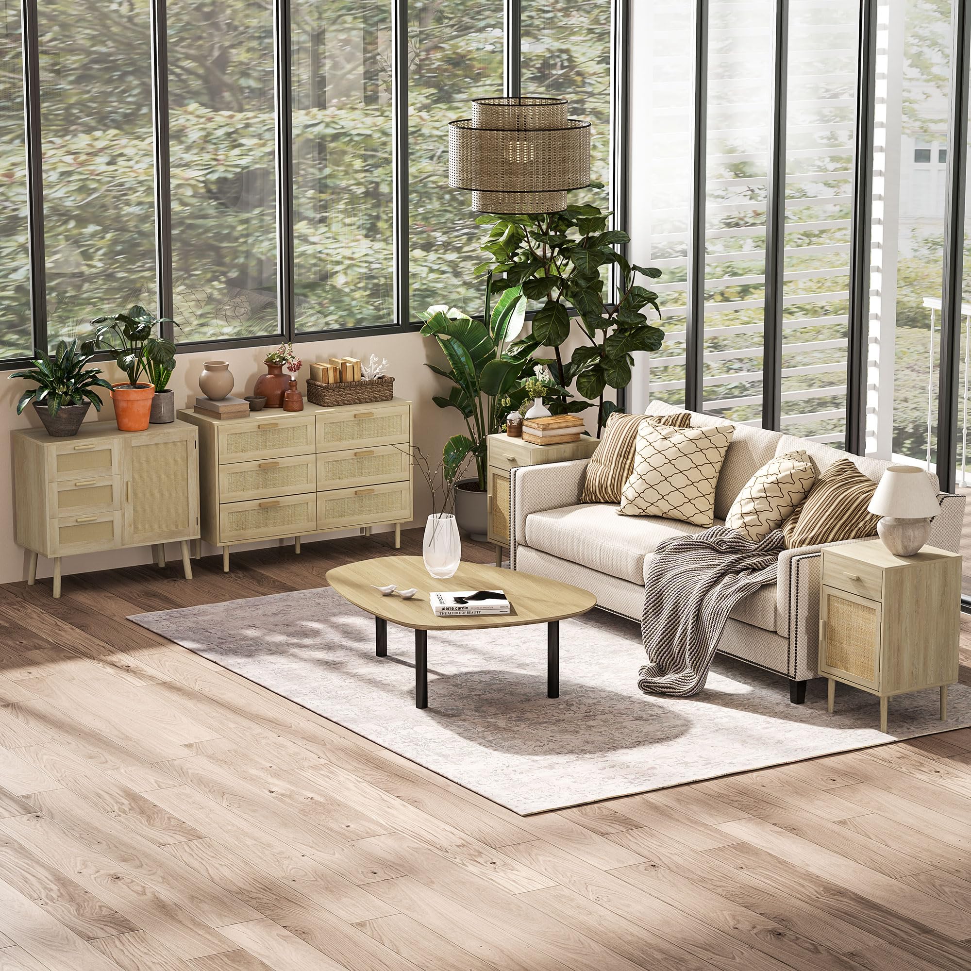 HOMCOM Mobile Multiuso in Stile Boho con Armadietto e 3 Cassetti in Legno e Rattan per Soggiorno e Ingresso, 80x36x75cm, Rovere
