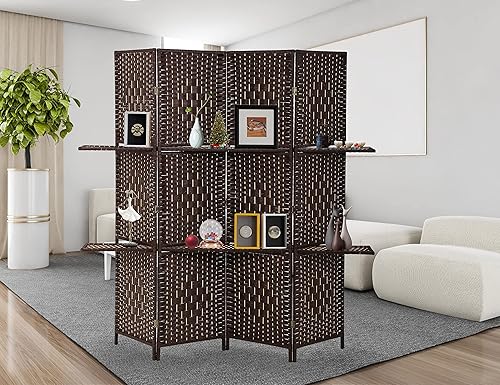 Divisor de habitación, 4 paneles divisores de habitación de 6 pies de alto con 2 estantes de madera extraíbles, pantalla de privacidad de diseño