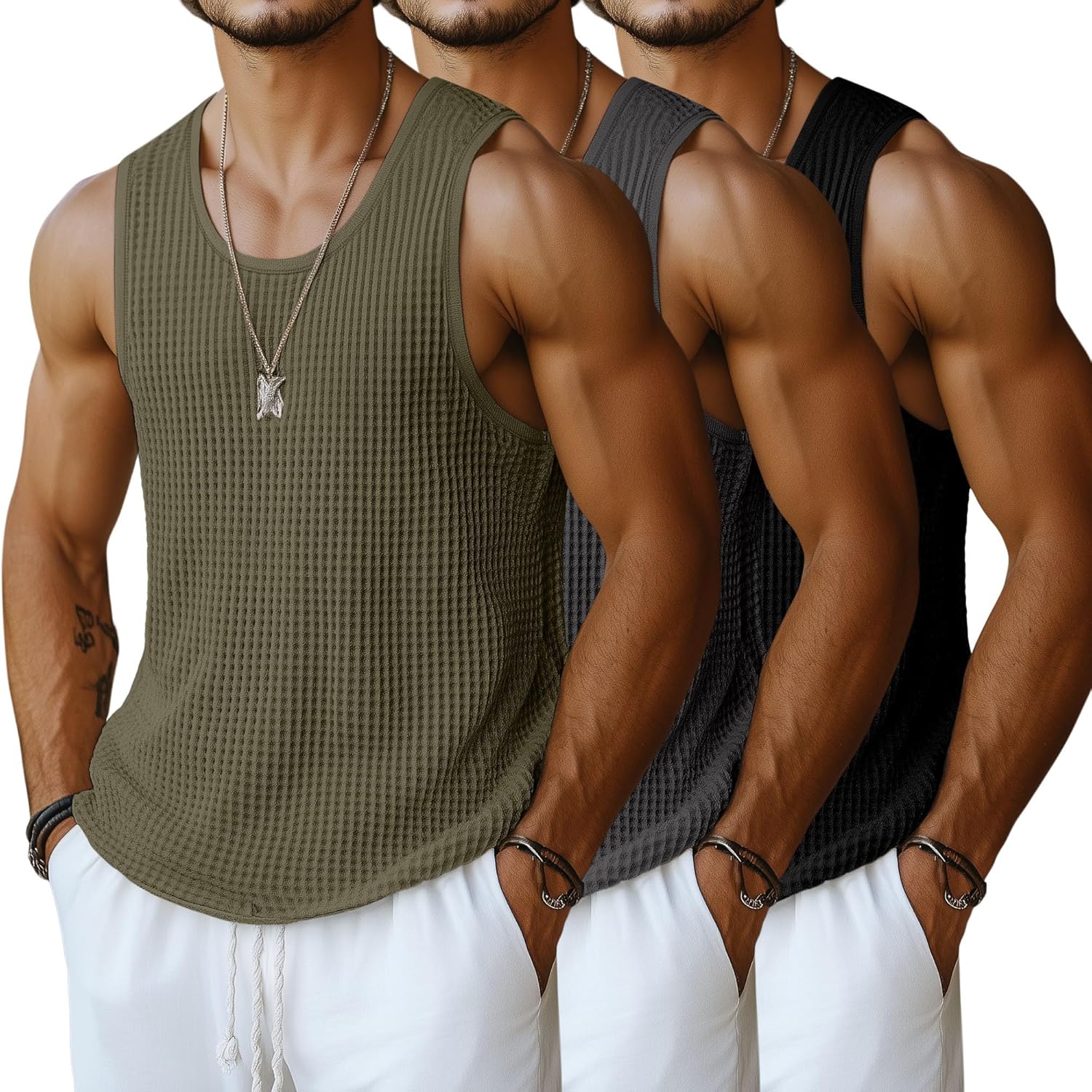 Riyiper 3 Pack Men's Waffle Knit Tank Tops, Casual Sleeveless Tank Shirts Summer Classic Beach T-Shirts Breathable Muscle Tee