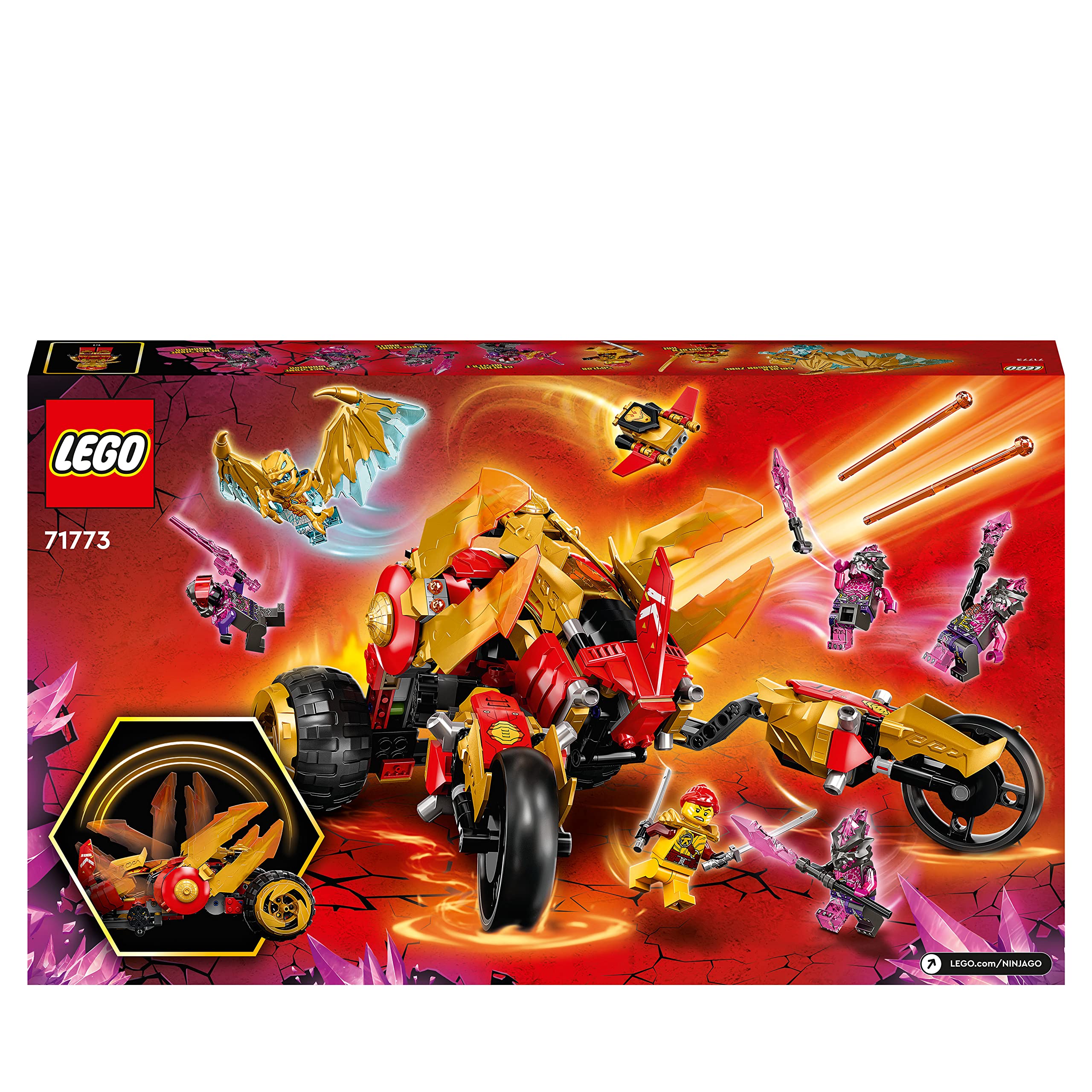 LEGO 71773 NINJAGO Kais Golddrachen-Raider Set, mit Auto und Motorrad-Spielzeug inkl. Kai und eine goldene Cole Legacy-Figur, Spielzeug für Kinder ab 8 Jahren