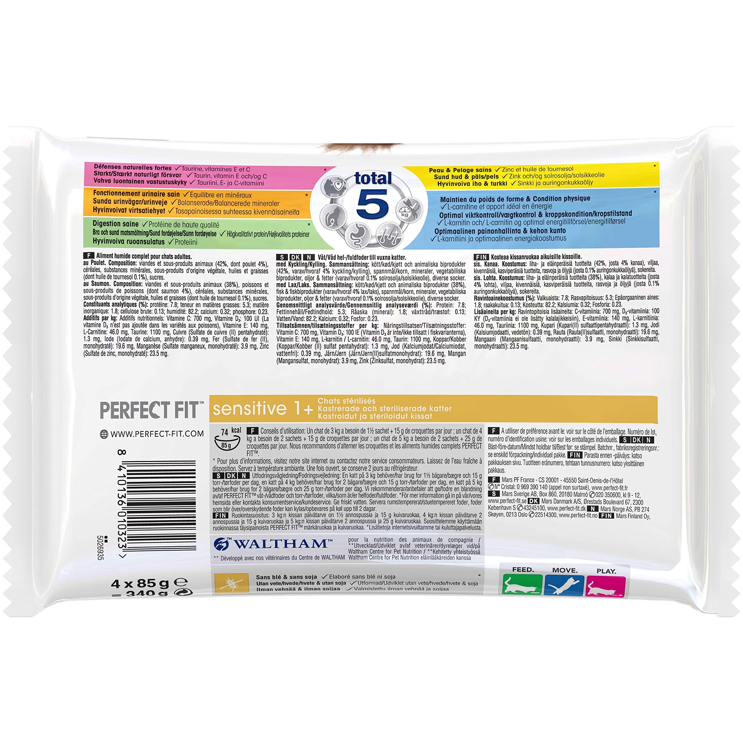 Sensitive 1+ – Sacchetti per gatti adulti sterilizzati – Soddisfa esigenze specifiche di un gatto sterilizzato – Ricco di pollo e salmone – 52 bustine da 85 g