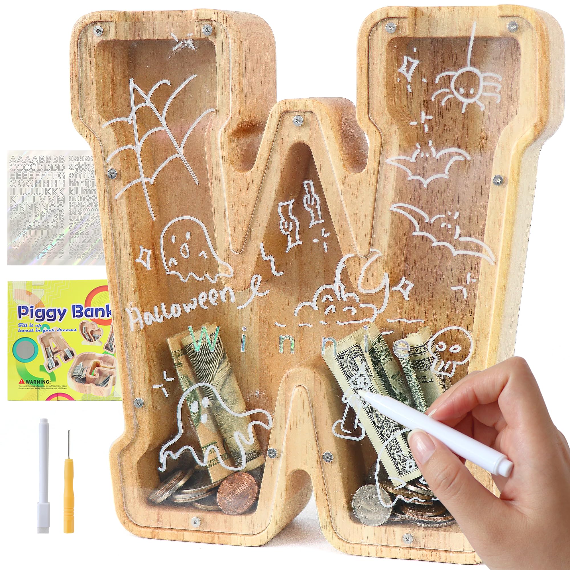 weallbuy Large Letter Piggy Bank for Kids Boys Girls Wooden Personalized Piggy Banks A-Z with Target Area Clear Alphabet Banknote Coin Banks for Gift