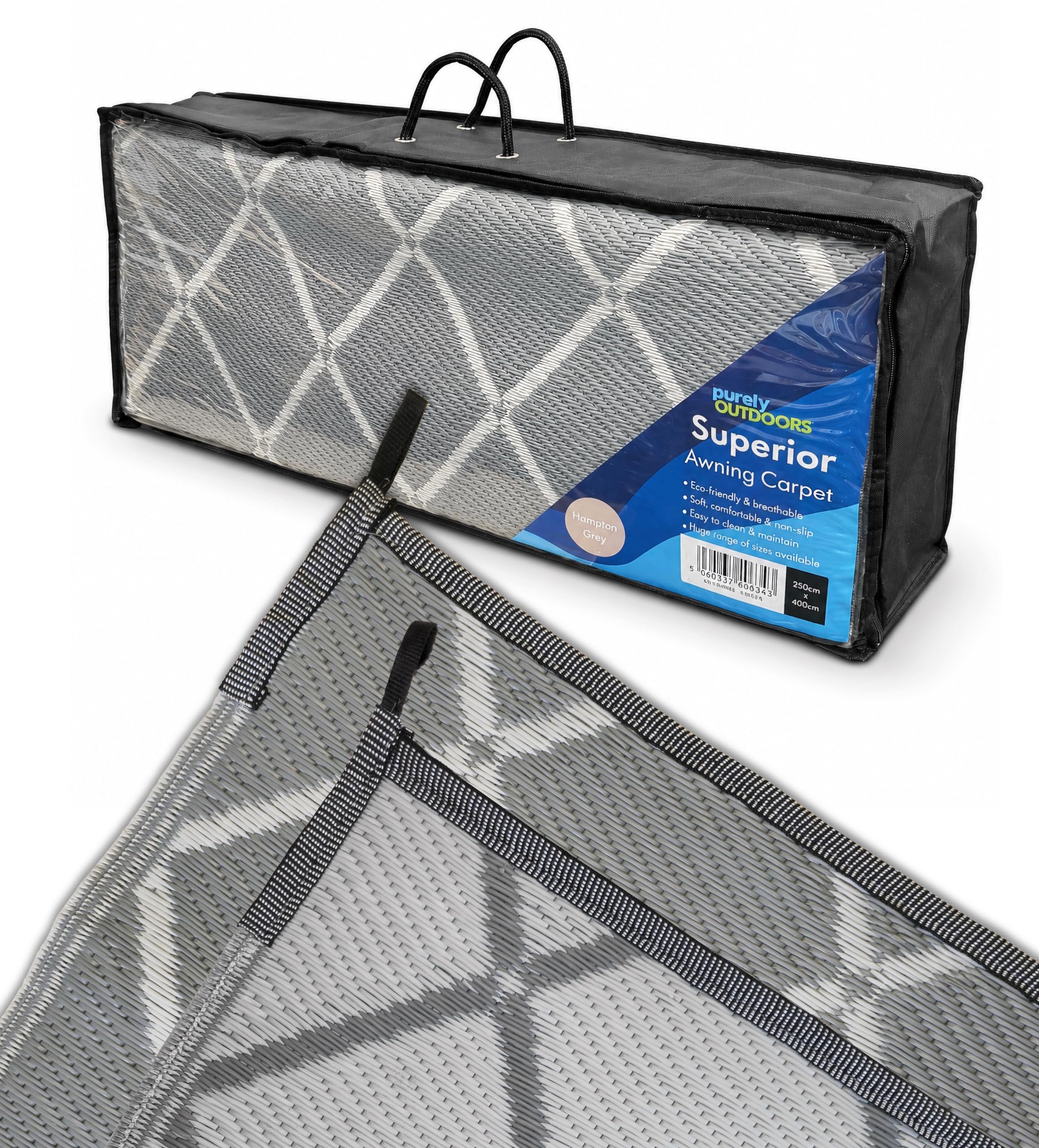 Purely Outdoors Superior Awning Carpet - Eco-Friendly, Padded, Breathable, Non-Slip, Reversible Groundsheet Mat for Caravan Awnings, Tent, Motorhome, Beach, Picnic, Decking (Hampton Grey, 250 x 300cm)