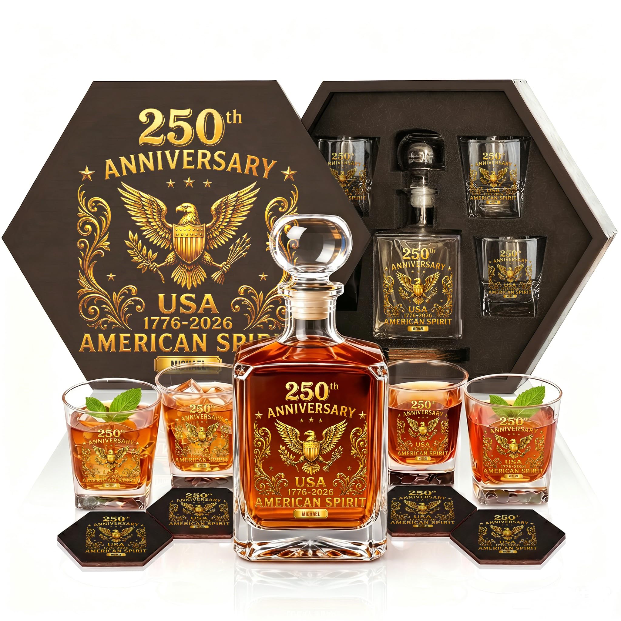 Veterans Day Gifts, USA 250th Anniversary Whiskey Decanter Glasses Set for Men, Custom Patriotic Bourbon Decanter Gift Box, 1776-2026 America 250 Years Celebration for Dad Husband Veteran