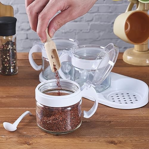 Miniatura 7 de Crystalia Juego de 3 tarros de especias, recipientes de vidrio para especias con asas y tapas de plástico, recipientes vacíos de almacenamiento de