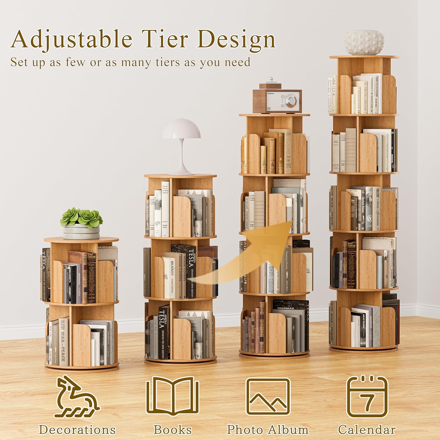 VDNEND Wooden 5 Tier Rotating Bookshelf, Spinning Bookshelf Tower,Modern Revolving Small Bookcase for Corner,Living Room,Bedroom (Natural Oak, 5-Tier)