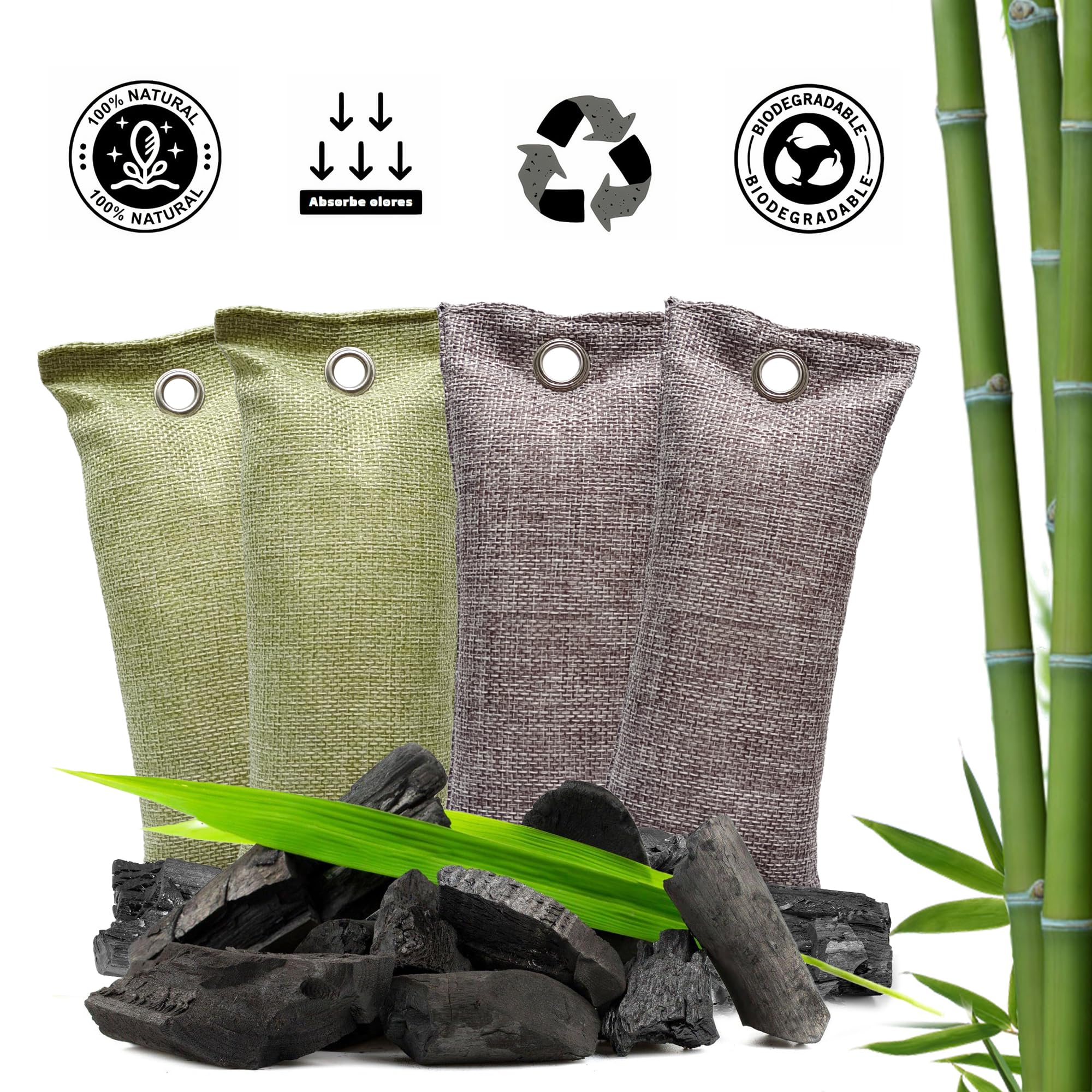 4 Bolsas de carbón activado de 80g como neutralizador y absorbe olores. Bolsas purificadoras perfumadas y antihumedad para armarios. Ambientador nevera, cajones ropa y desodorante zapatos.