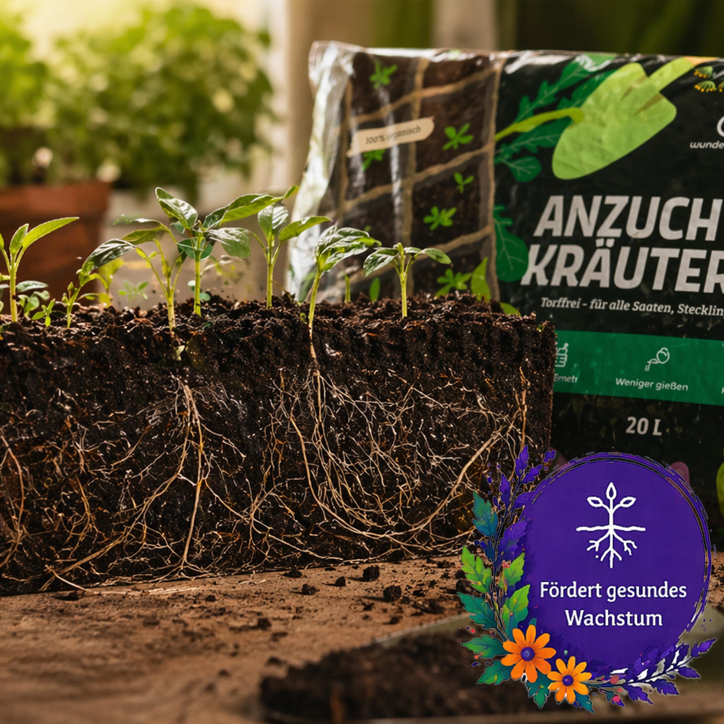 6X 20L Bio Anzuchterde & Kräutererde torffrei – Mit Pflanzenkohle – Wundergarten – Erde für Aussaat, Jungpflanzen & Kräuter – Hohe Keimrate & kräftiges Wachstum