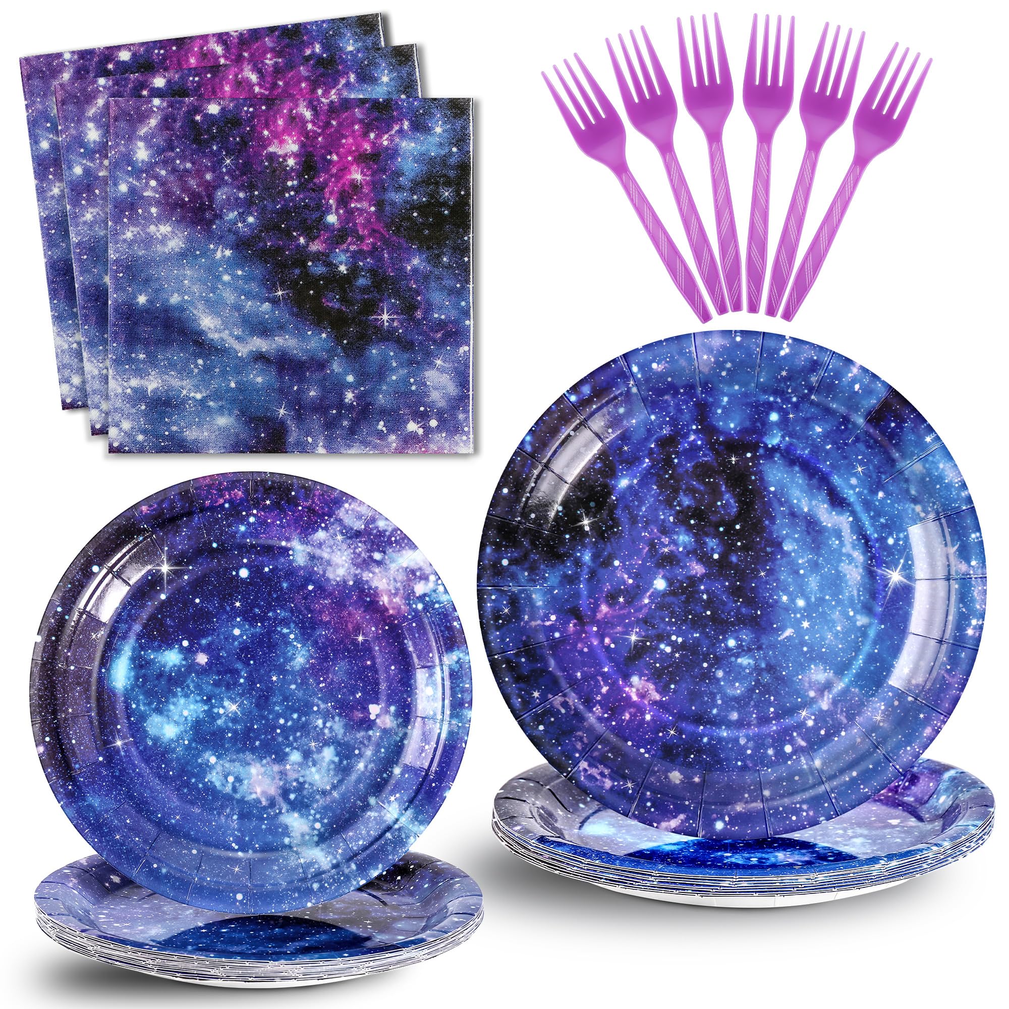 SCIONE 96PCS Space Galaxy Party Plates Outer Space Theme Party Tableware Includes Starry Night Paper Plates, Napkins, Reusable Forks for Graduation, Birthday, Cocktail Party, Serves 24