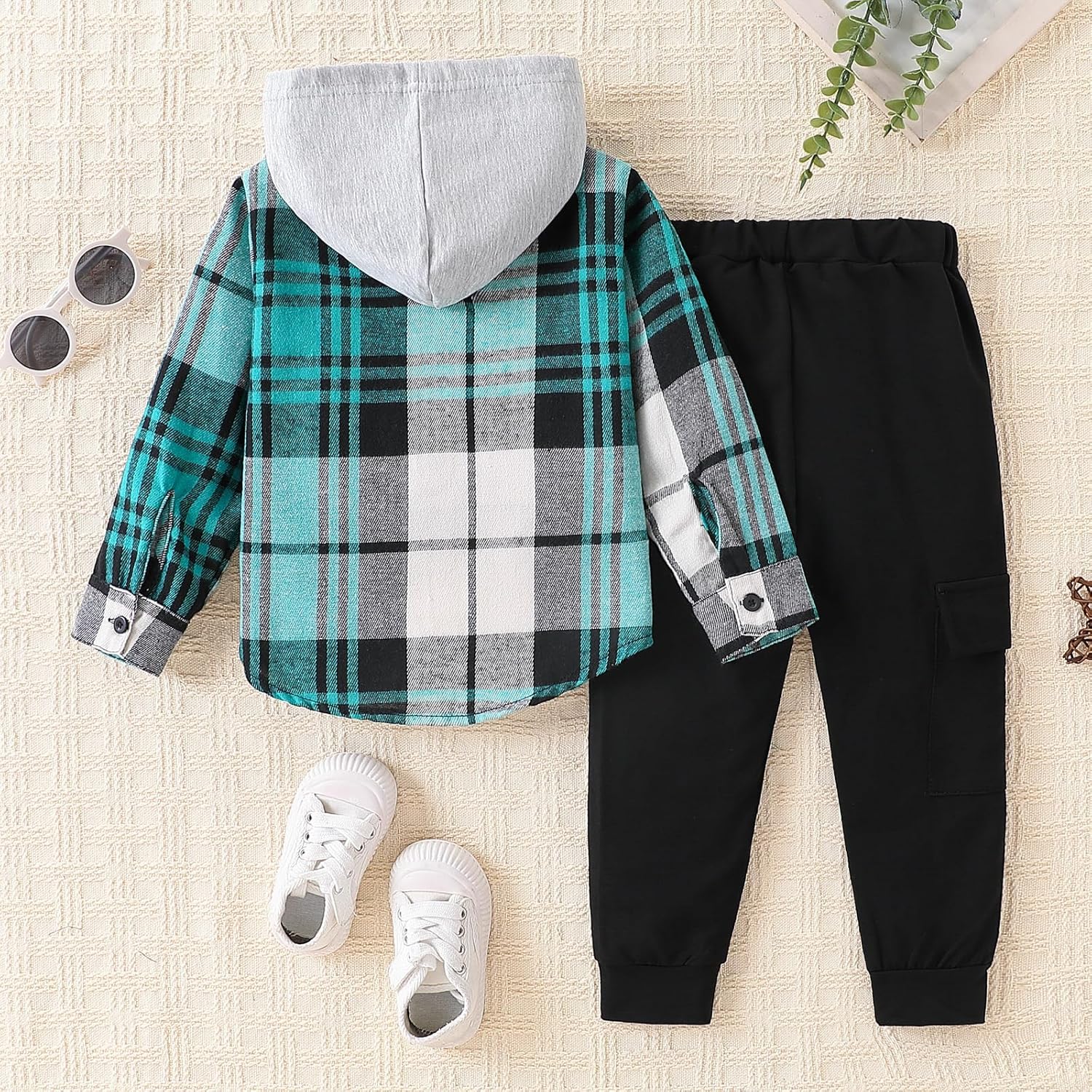 Toddler Boys Clothes 2 Piece Sweatsuit Set Flannel Plaid Shirt Hooded and Pants for Fall Winter 2-6Years - Image 9