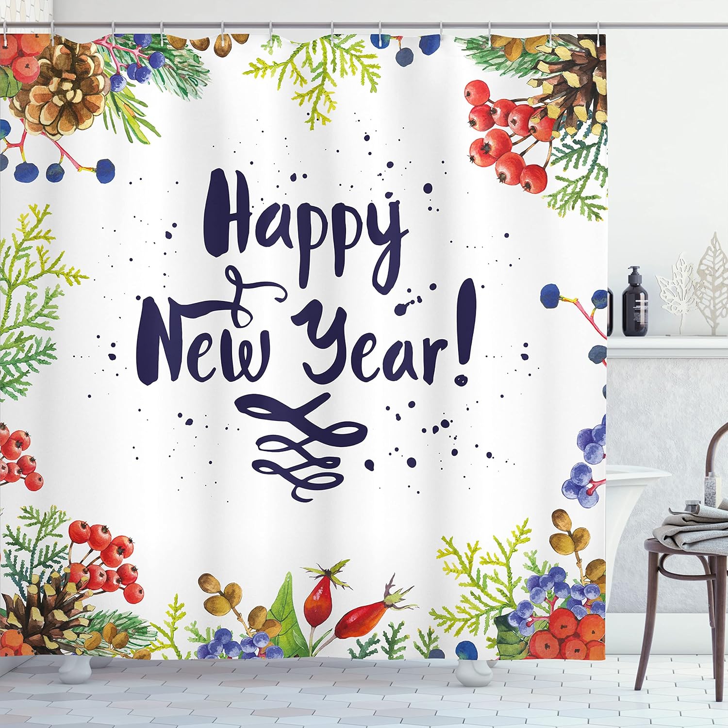 Ambesonne New Year Shower Curtain, Rowan Cones Wild Grapes and Arborvitae Branches Composition Happy Words, Cloth Fabric Bathroom Decor Set with Hooks, 69" W x 70" L, Multicolor