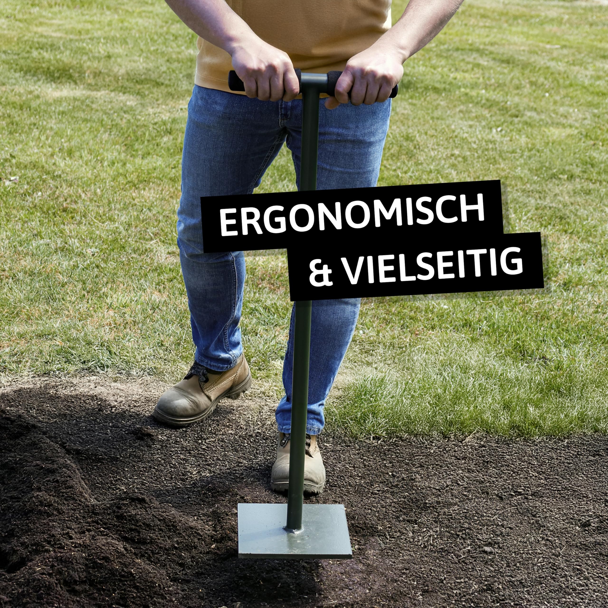 Bodenverdichter Handstampfer aus Stahl - Gartenstampfer mit 20x20cm Platte & Softgriff - Erdstampfer Betonstampfer für Kies, Sand, Asphalt - Verdichtungswerkzeug für Garten