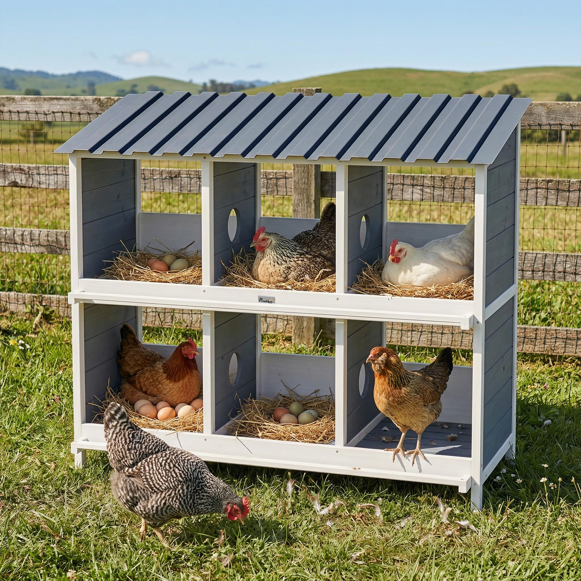 PawHut Nido para pollos, 6 compartimentos, 2 perchas 102 x 50 x 91 cm, color gris | Nido de pollo de madera resistente a la intemperie, techo de PET elevado para animales pequeños