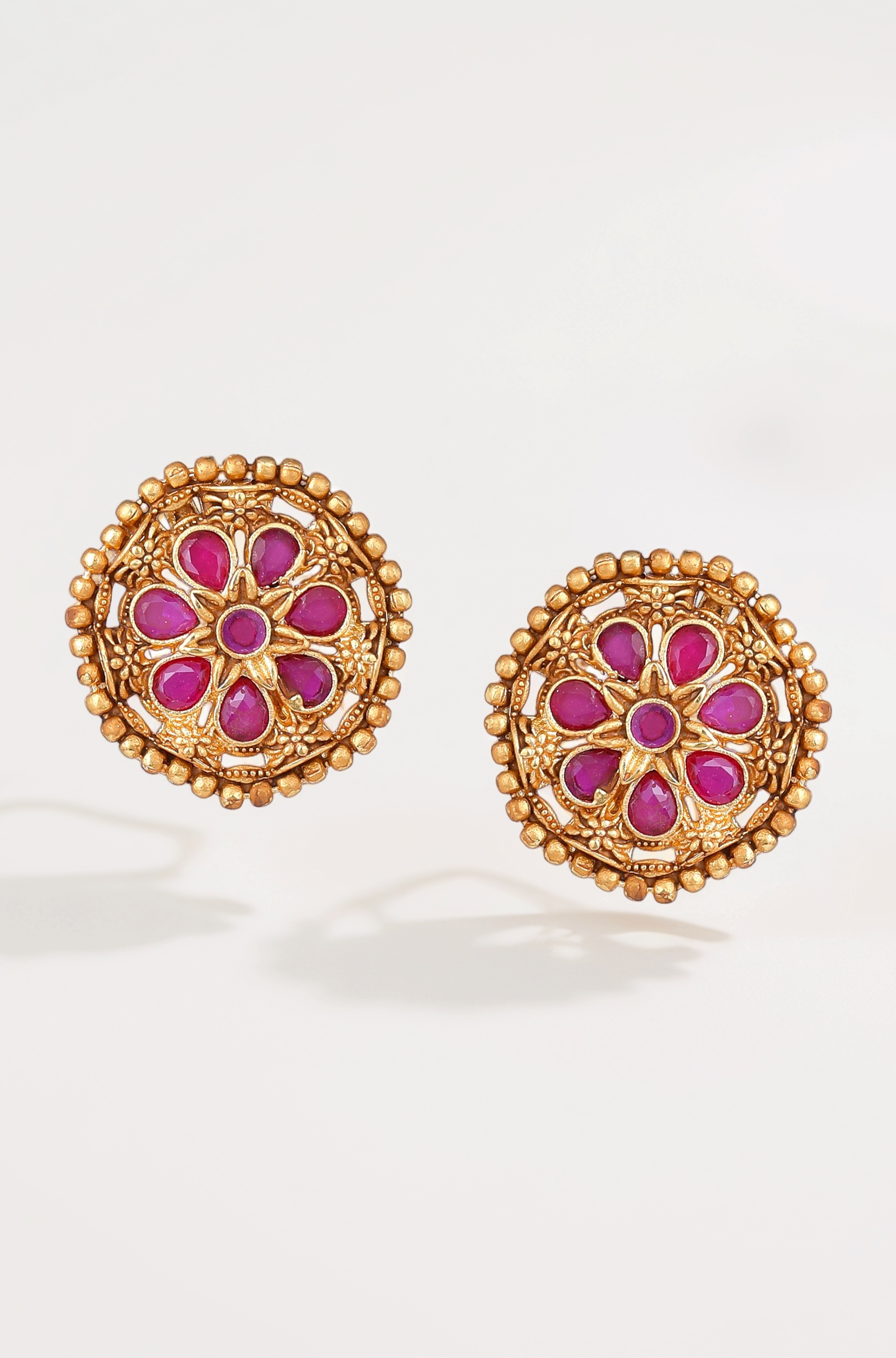 Fashion Jewellery Stud Earrings for Girls and Women Gold Plated Incredible Flower Designer Ruby Crystals Adorned Matte Finish Stud Earrings/Ear Tops for Girls and Women-AD-116/714-IGRB ER