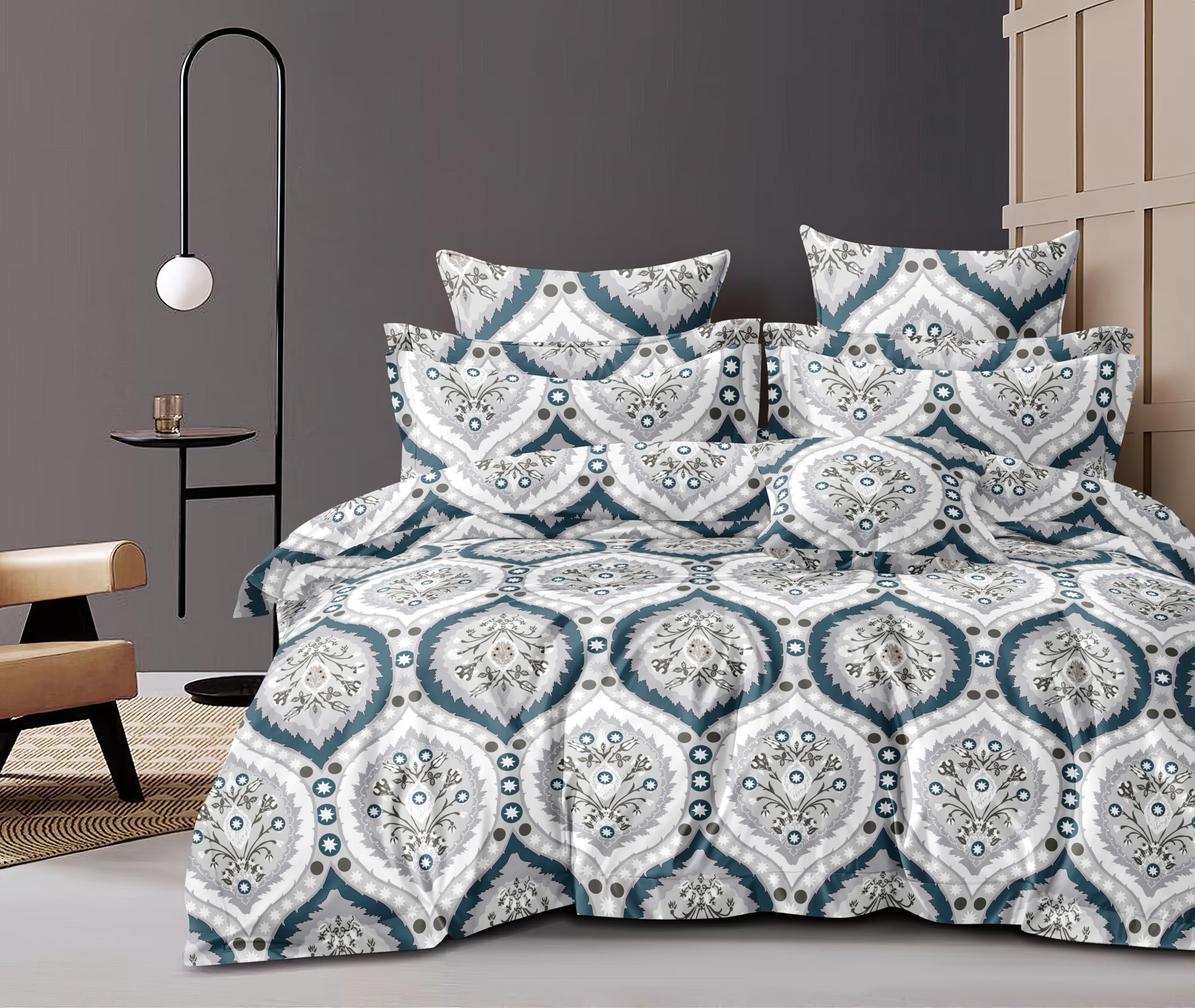 THE HOME STYLE Super Soft Glace Cotton Floral King Size AC Comforter II Blanket II Duvet With 1 King Size Elastic Fitted Bedsheet 72"X78" Inch And 2 Piiiow Cover, 350TC (Pack Of 4, Azure Grace)