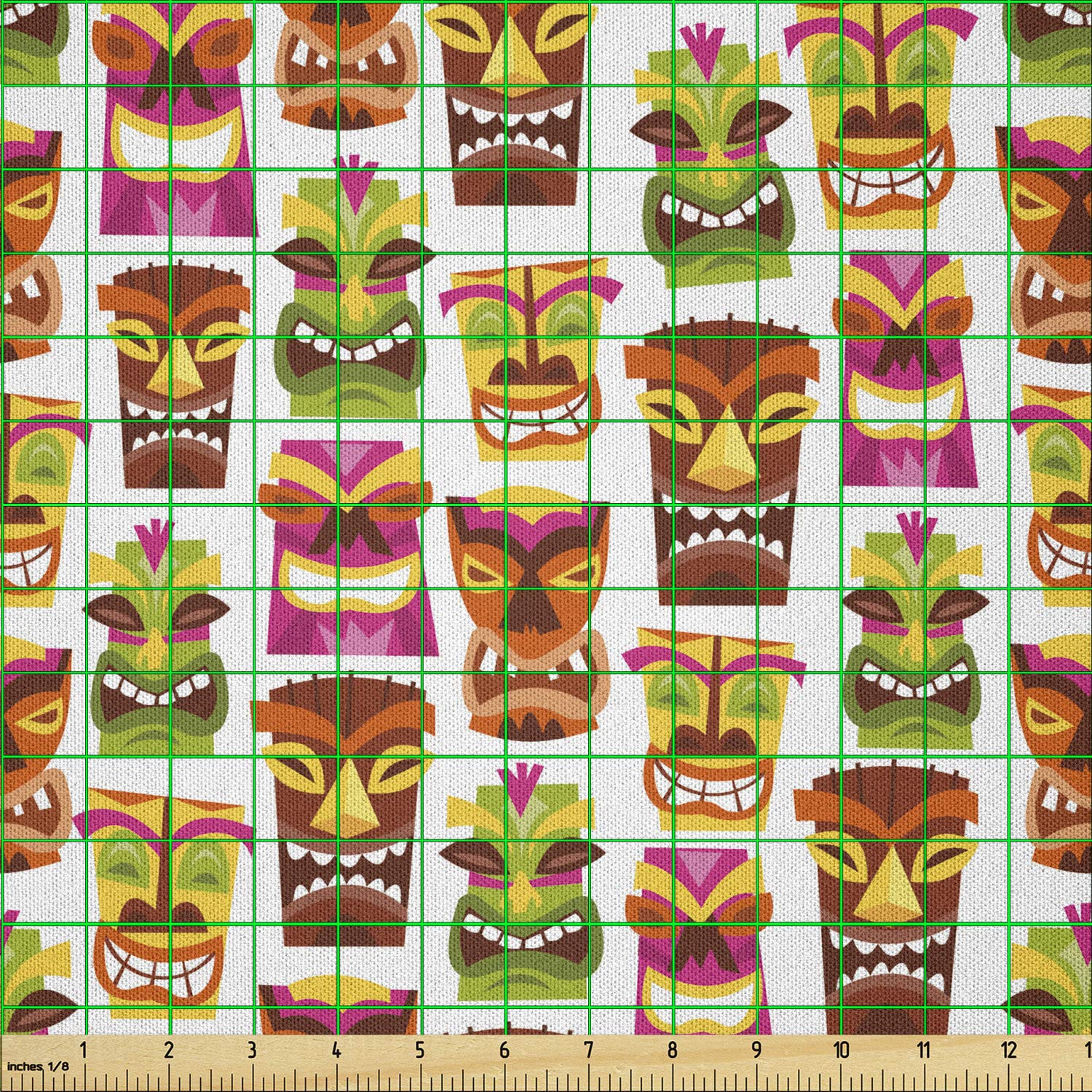 Ambesonne Tiki Bar Fabric by The Yard, Sixties Retro Inspired Hawaiian Party Happy Tiki Pattern Colorful, Microfiber Fabric for Arts and Crafts Textiles & Decor, 1 Yard, Brown Beige