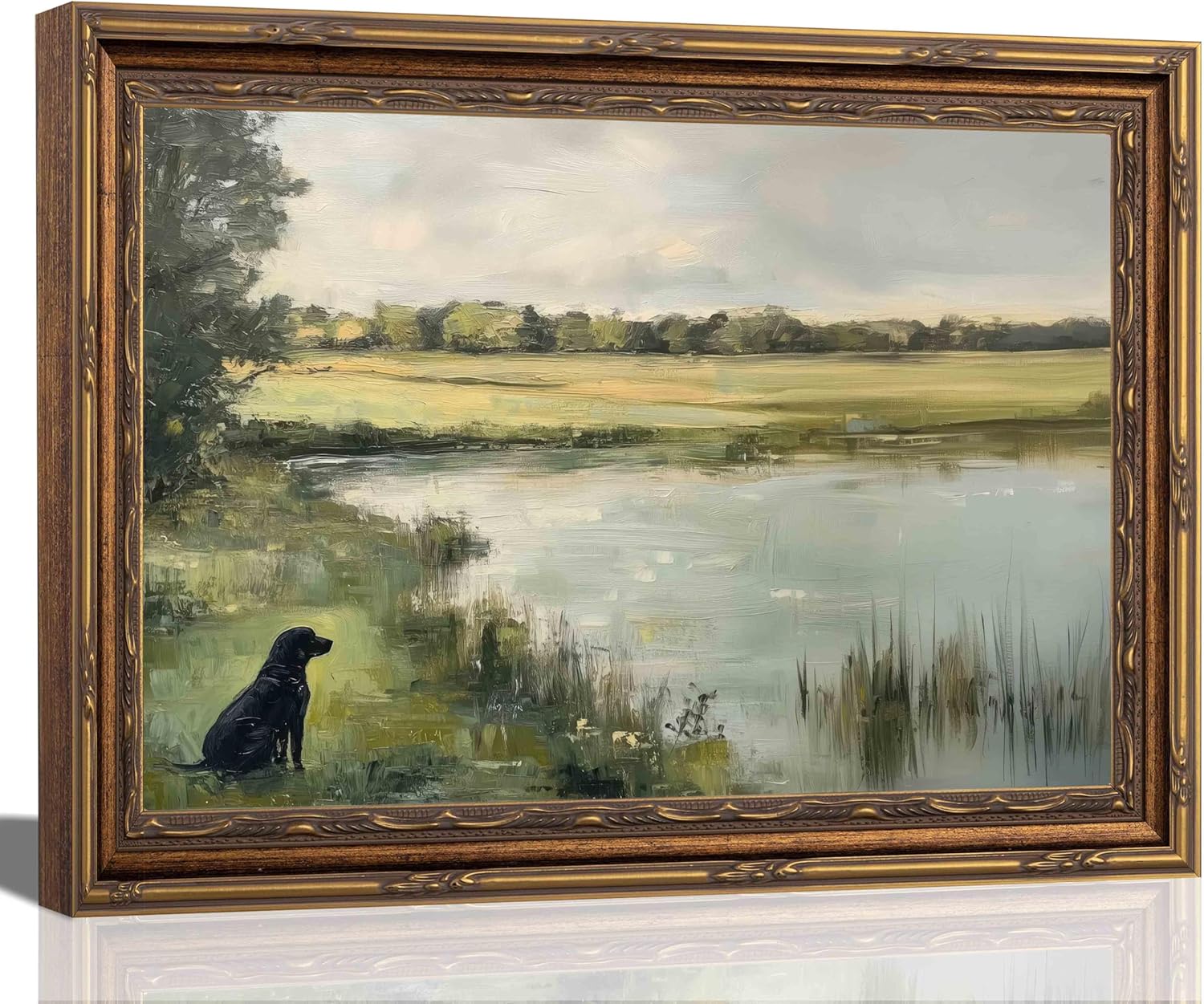 RVETNGVM Vintage Black Labrador Landscape Wall Art Rustic Dog and Pond Countryside Art Wildlife Nature Pond Wall Decor for Living Room Bedroom Farmhouse Bathroom Office Decor 12"x16" Framed