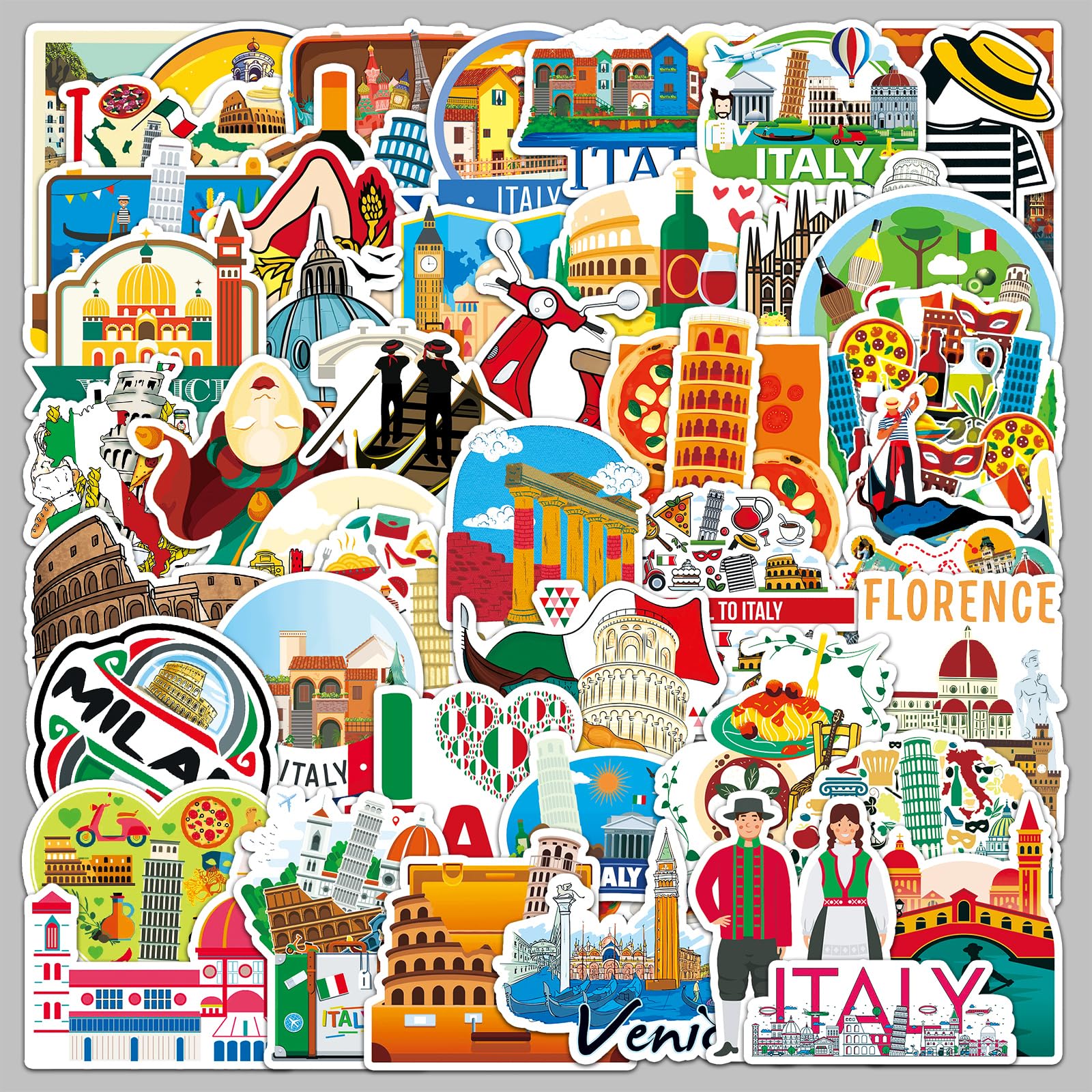 Italy Travel Stickers 50 pcs, Venice Milan Leaning Tower of Pisa Landmark Stickers - Image 2