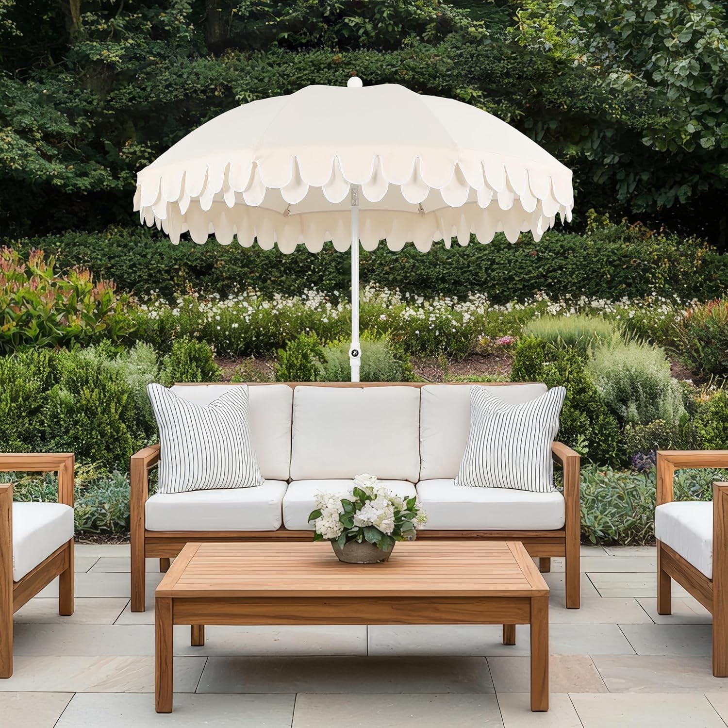 JONATHAN Y UMB1004C Horizon 6.5 ft. Classic MidCentury Scalloped Fringe Market Beach Umbrella with Push-Button Tilt, Wind Vent and UV Protection, and Matching Carry Bag in Cream/White, White Pole - Image 2