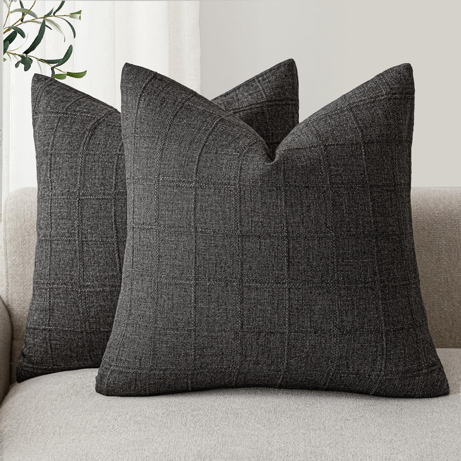 Foindtower Set of 2 Decorative Linen Check Throw Pillow Covers Neutral Farmhouse Vintage Cushion Covers Modern Boho Home Decor for Sofa Chair Couch Bedroom Living Room,20×20 Inch,Charcoal