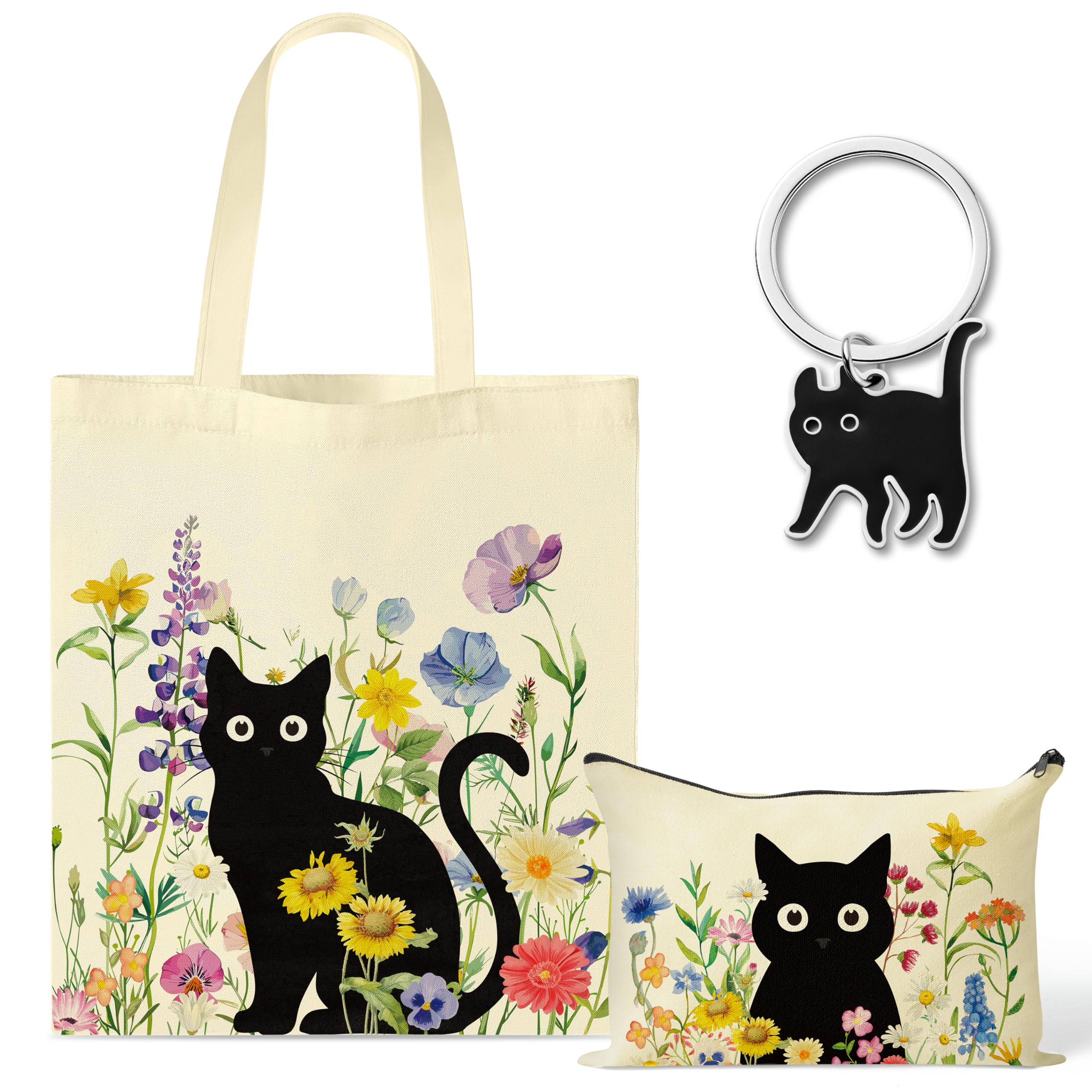 laffact Bolsa de lona con diseño de gato negro – Bonita bolsa de mano de gato con bolsillos interiores, bolsa de maquillaje estética vintage con cremallera y llavero de gato, regalos para amantes de
