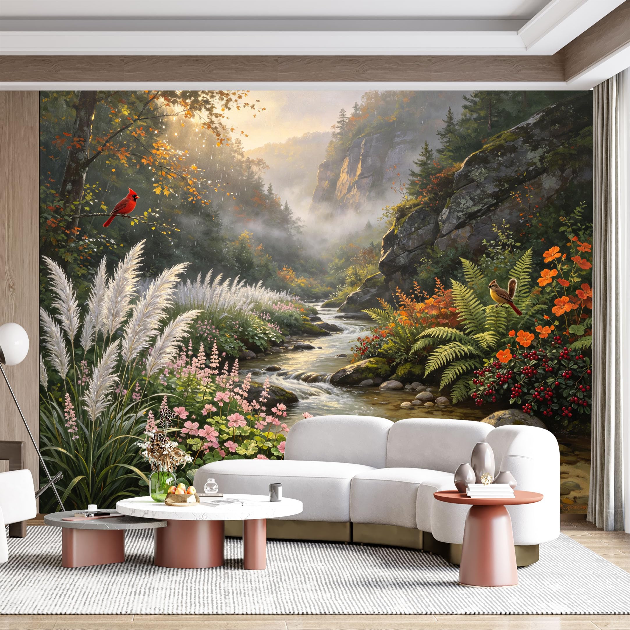 Custom Size Wall Mural Realistic Autumn Landscape Stream Cardinal Bird Watercolor Oil Painting SelfAdhesive Wall Fabric Removable for Home Office Decor