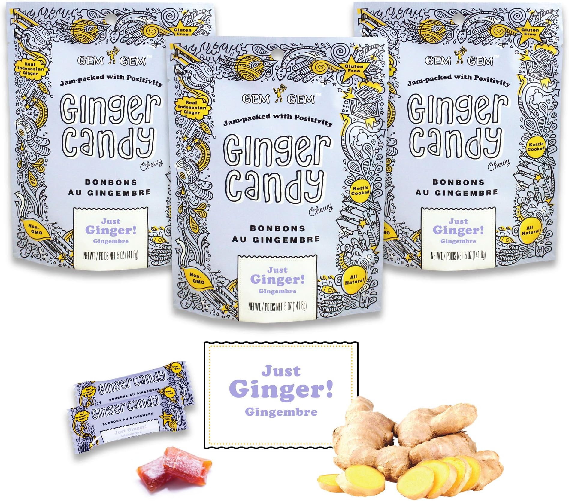 Ginger Candy Chewy Ginger Chews (Original, 5.0oz, Pack of 3)