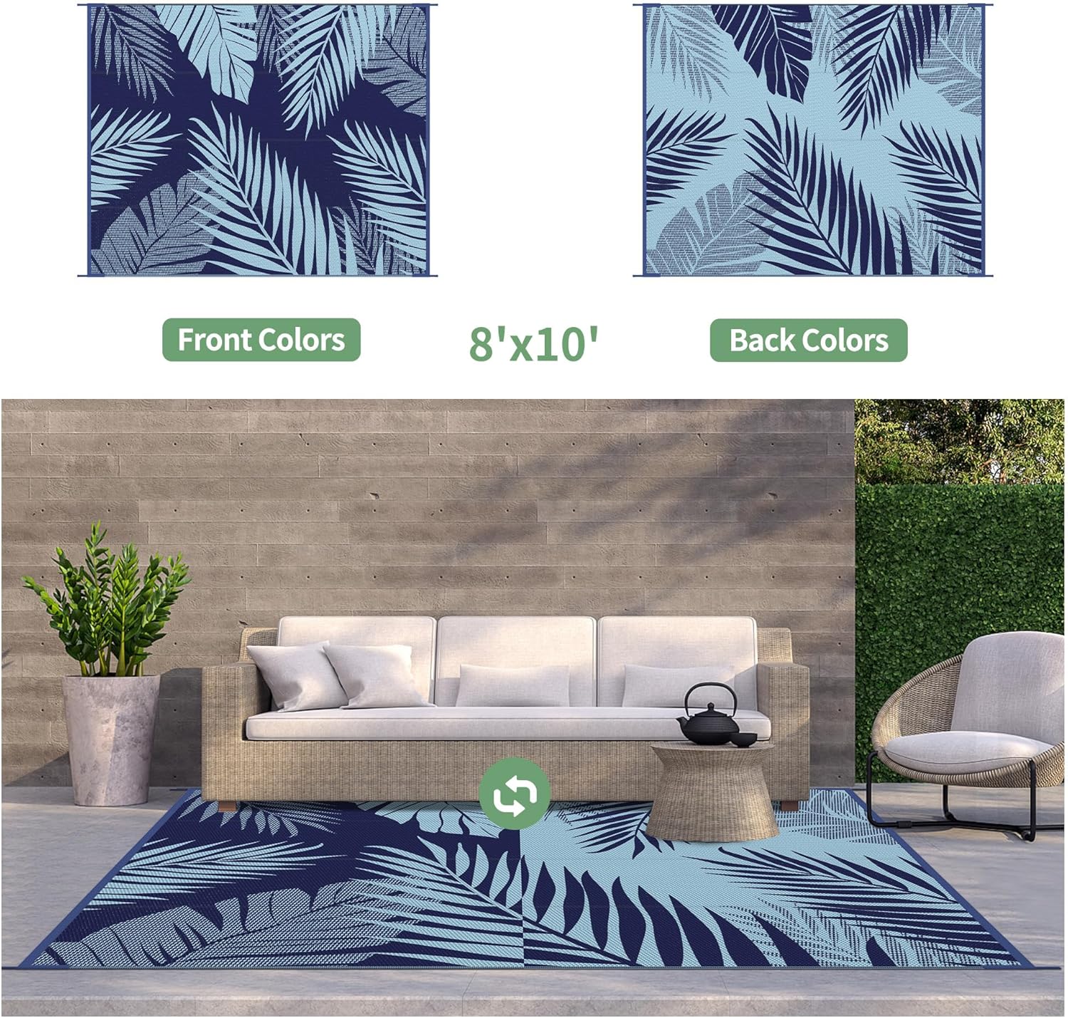 genimo outdoor rug 8' x 10' waterproof for patios clearance, reversible outdoor plastic straw camping rug carpet, large area rugs mats for rv, camper, deck, balcony, porch, beach, navy blue&baby blue navy blue & baby blue | waterproof 8' x 10' (rectangular)