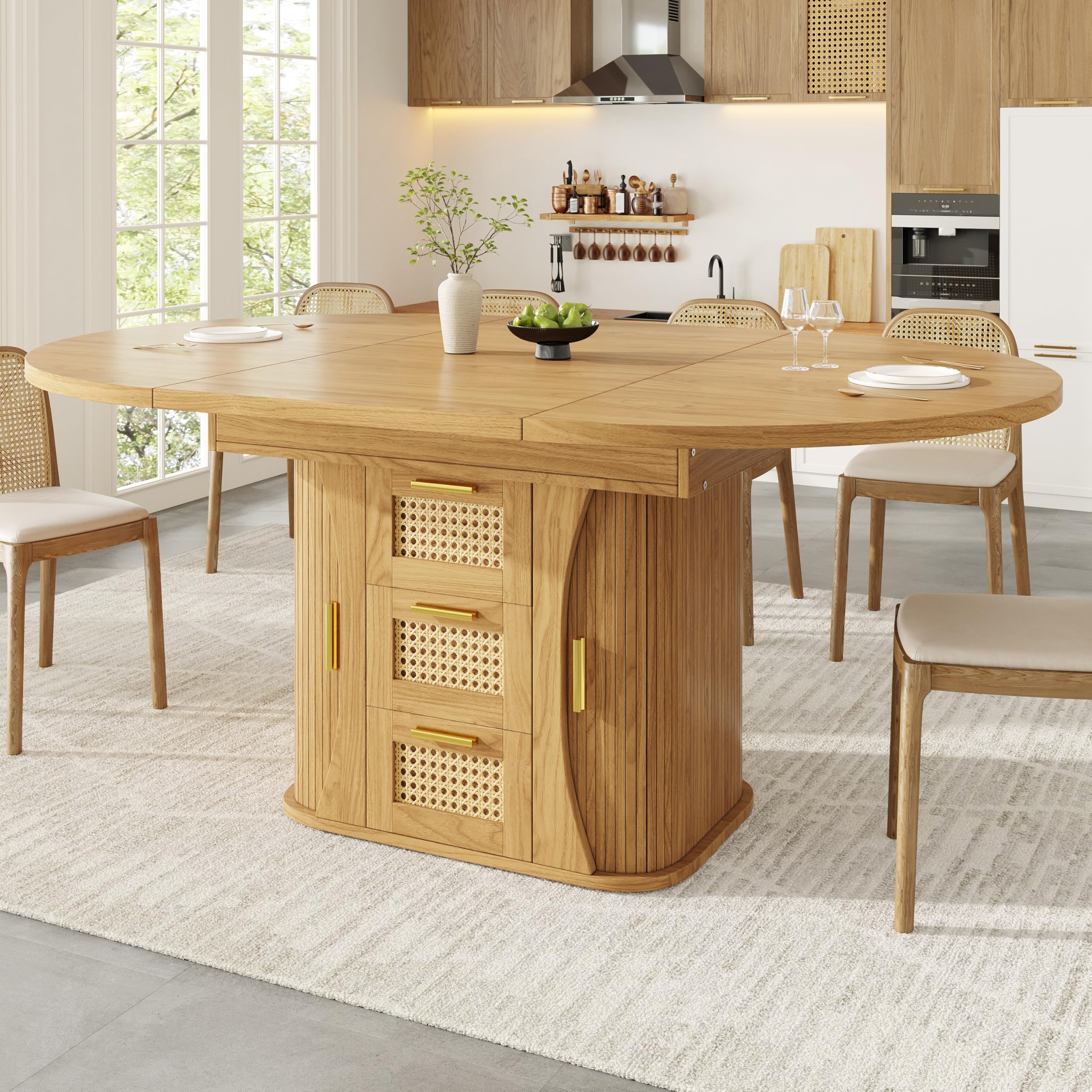 Merax Extendable Dining Table with Storage Space Saving Wooden Round-Oval Kitchen Table 118-158cm, with 2 Rattan Drawers, MDF Wood Effect Dining Table for 4-6 People, natural wood — image 1