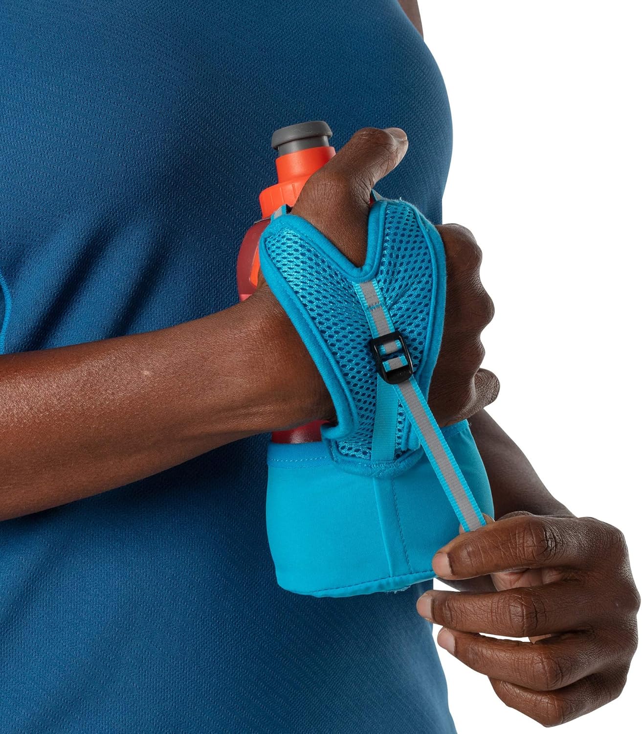 Nathan Running Handheld 18oz. No-Grip Adjustable Hand Strap. Reflective Hydration Water Bottle.