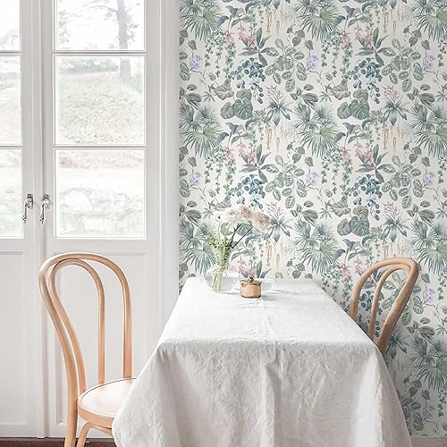 Vista 30 de Ismoon Papel tapiz verde para despegar y pegar, diseño bohemio floral y hojas en papel adhesivo grueso, papel adhesivo botánico oscuro, extraíble
