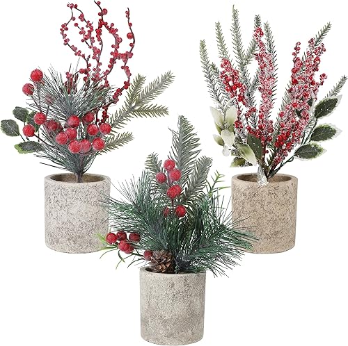 Miniatura 8 de winemana Mini decoración de mesa de árbol de Navidad, 6 piezas de árbol artificial pequeño con piñas y bayas rojas, centro de mesa de vacaciones