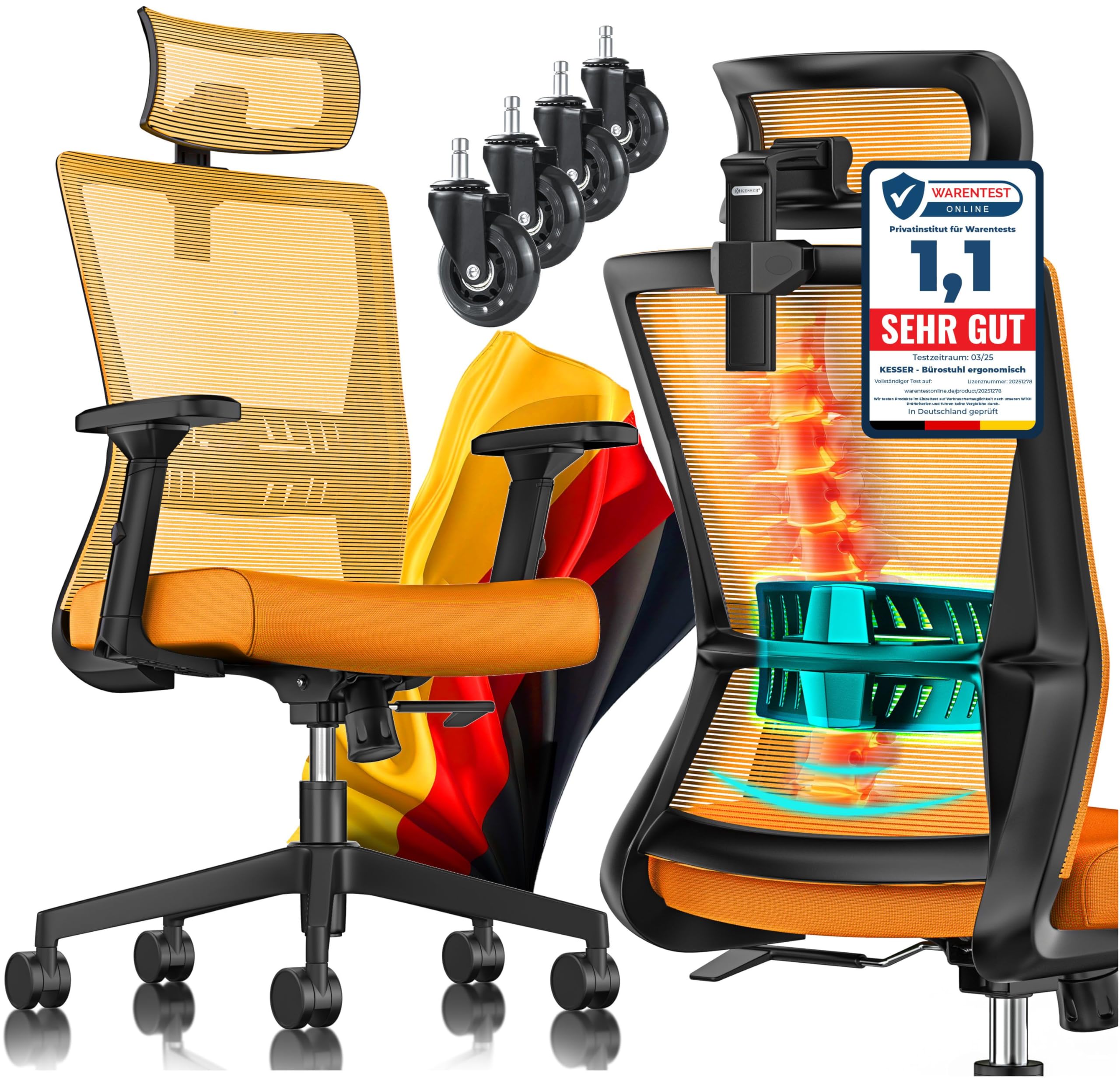 KESSER® Bürostuhl Ergonomisch mit verstellbaren Armlehnen | Drehstuhl mit Lendenwirbelstütze Rückenschonend | Schreibtischstuhl mit Kopfstütze | Office Chair Wippfunktion bis 125° mit 5X Gummirollen